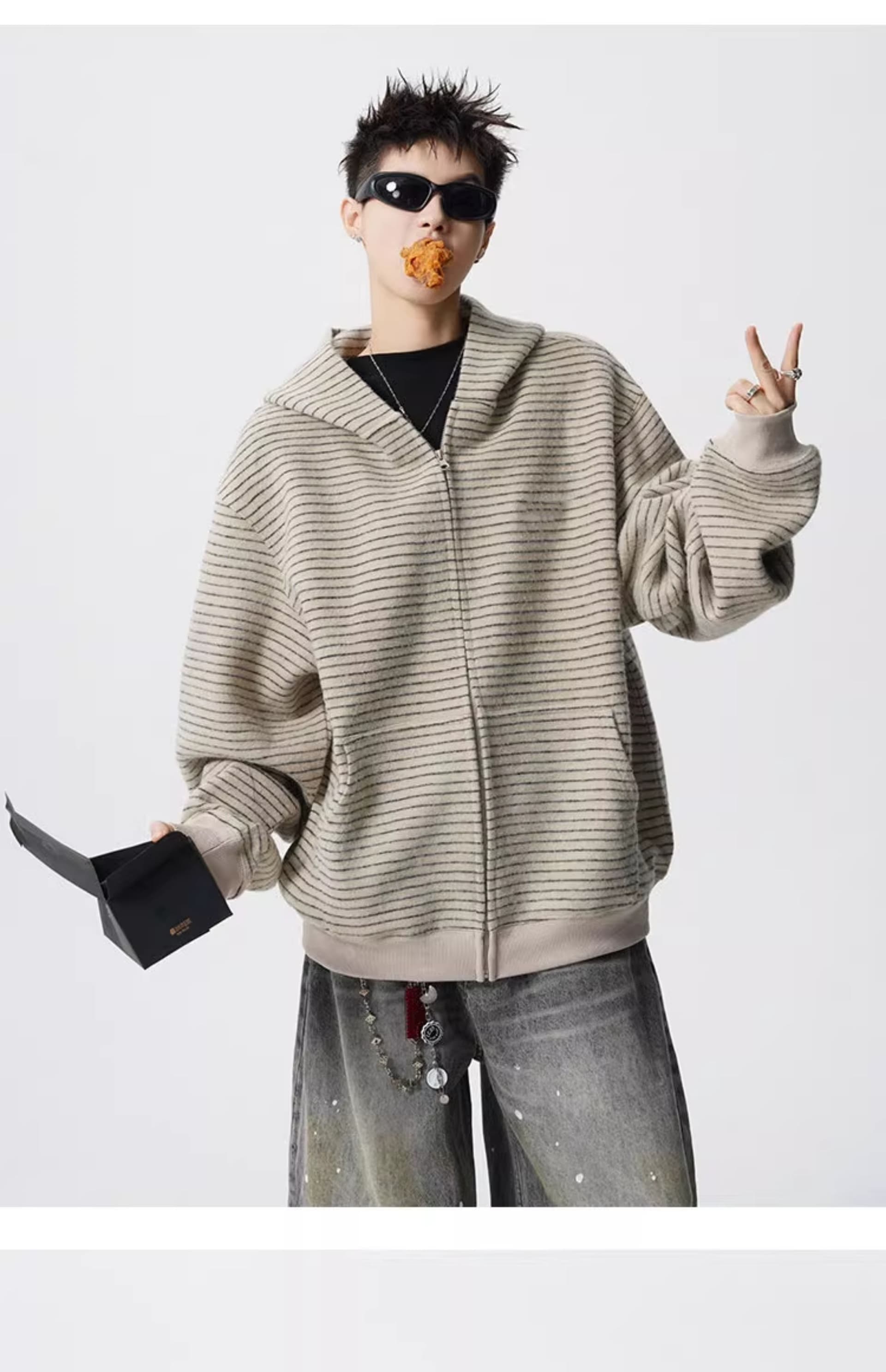 경관 그림 아메리칸 스트라이프 무거운 후드 티 스웨터 재킷 남자 조수 브랜드 레트로 지퍼 재킷 오픈 가디건 상세 이미지 2