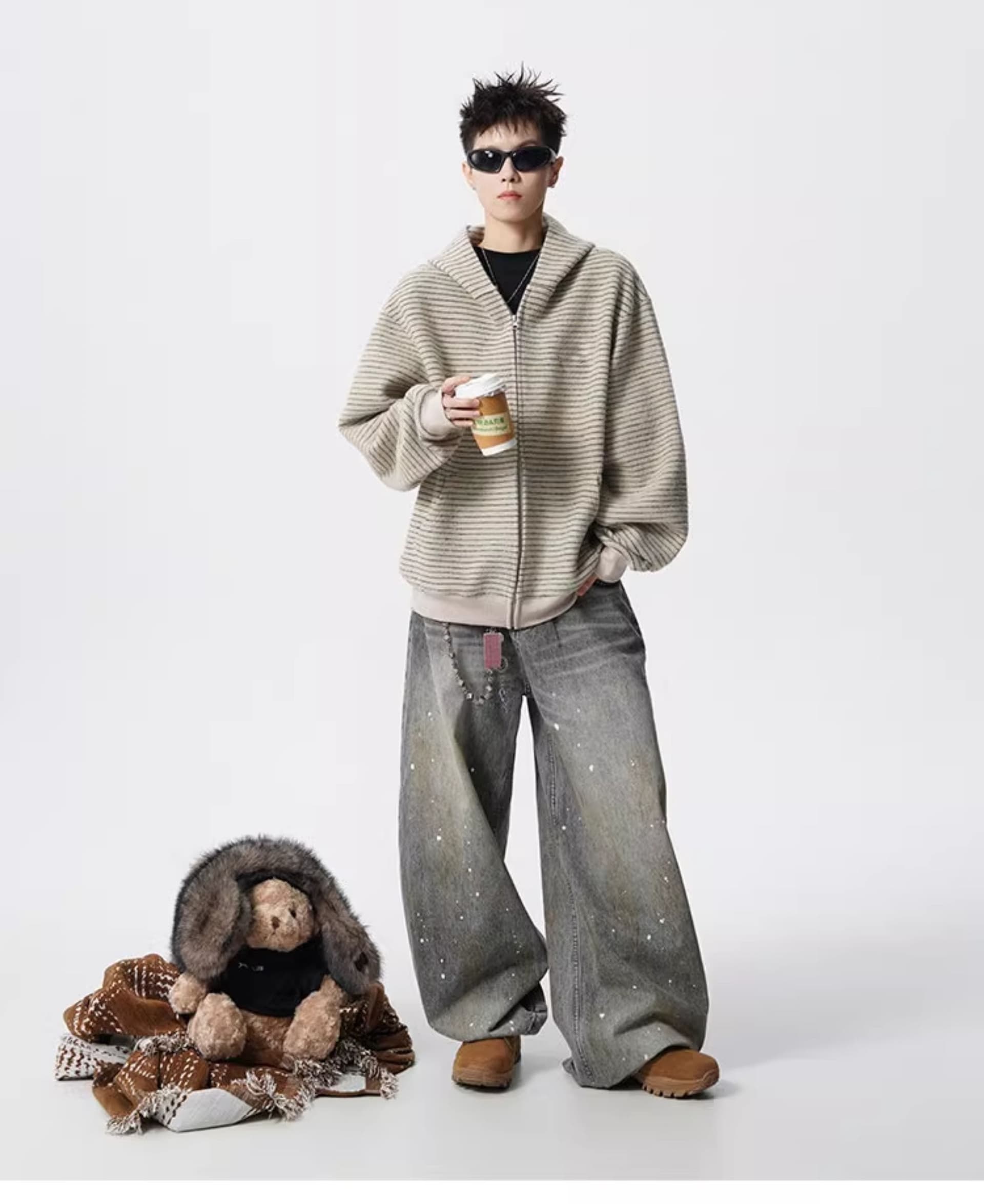경관 그림 아메리칸 스트라이프 무거운 후드 티 스웨터 재킷 남자 조수 브랜드 레트로 지퍼 재킷 오픈 가디건 상세 이미지 3
