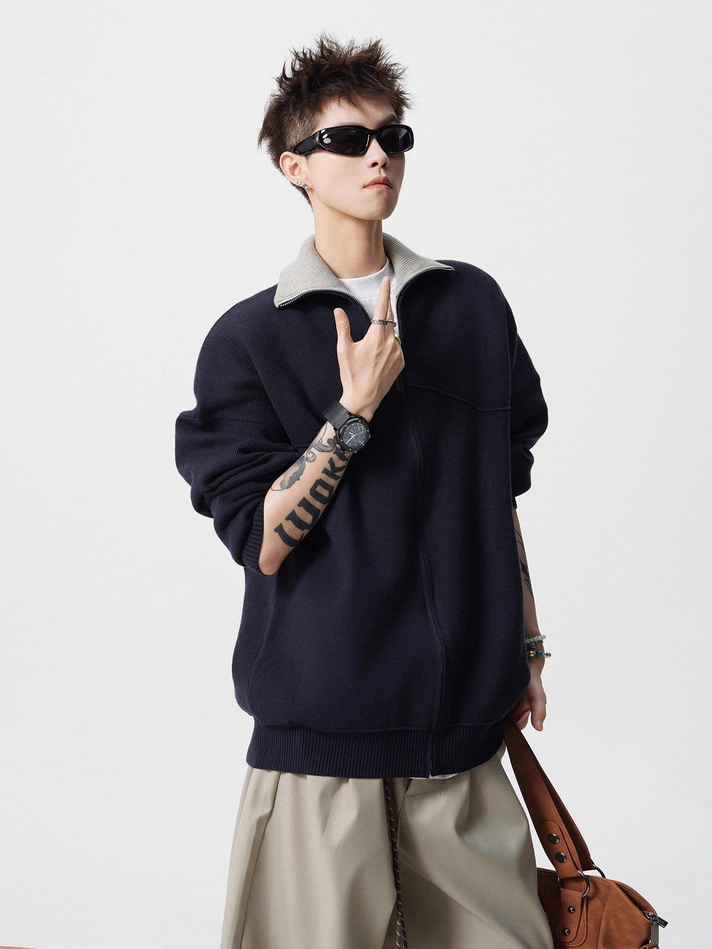 경관 그림 아메리칸 배색 지퍼 오픈 가디건 스웨터 남자 조수 브랜드 레트로 oversize 니트 스웨터 재킷 이미지 3