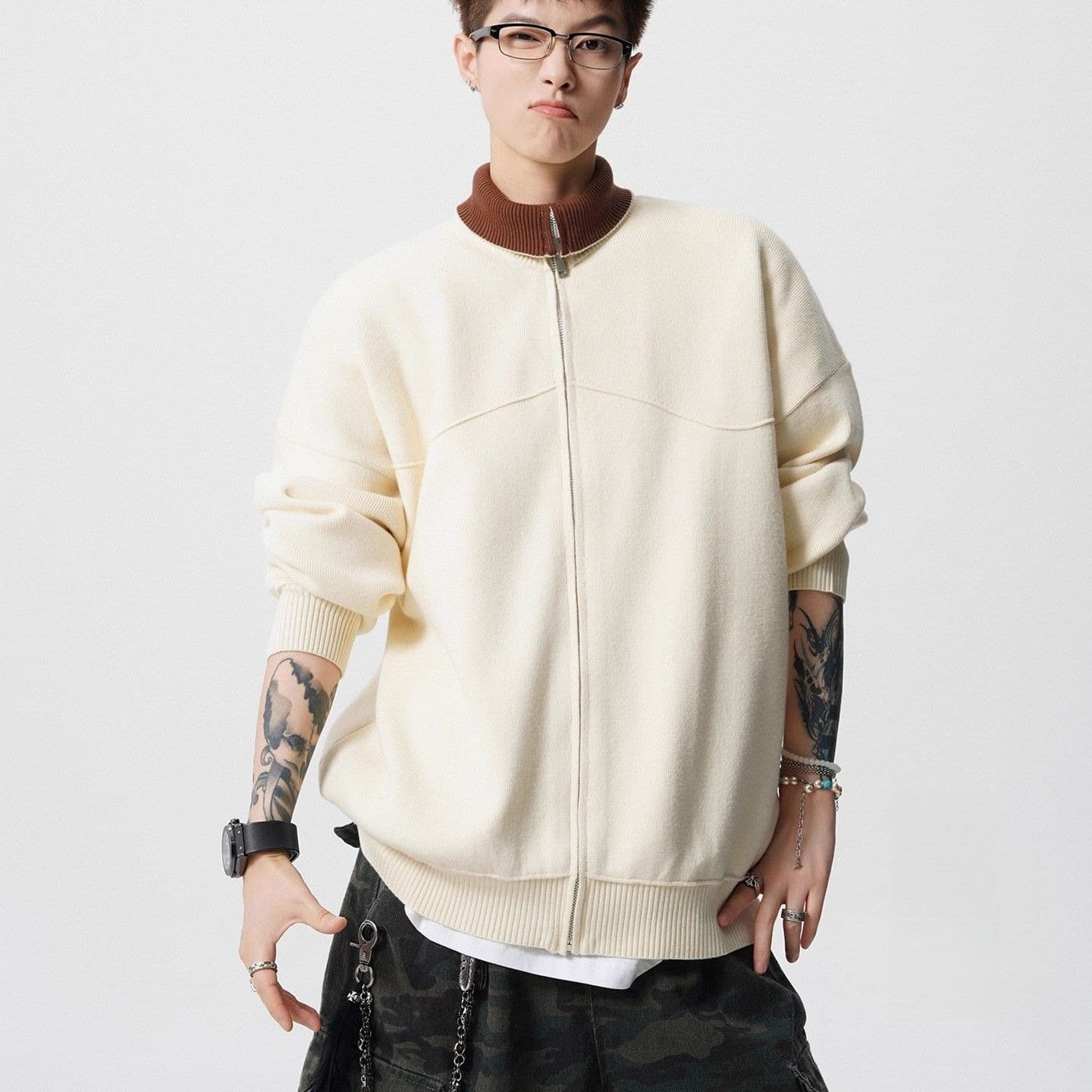 경관 그림 아메리칸 배색 지퍼 오픈 가디건 스웨터 남자 조수 브랜드 레트로 oversize 니트 스웨터 재킷 이미지 5