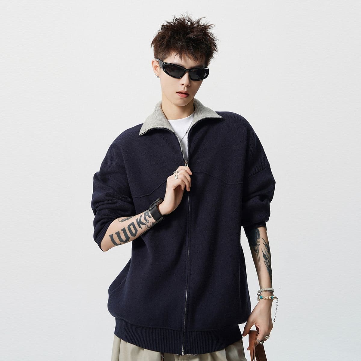 경관 그림 아메리칸 배색 지퍼 오픈 가디건 스웨터 남자 조수 브랜드 레트로 oversize 니트 스웨터 재킷 상세 이미지 1