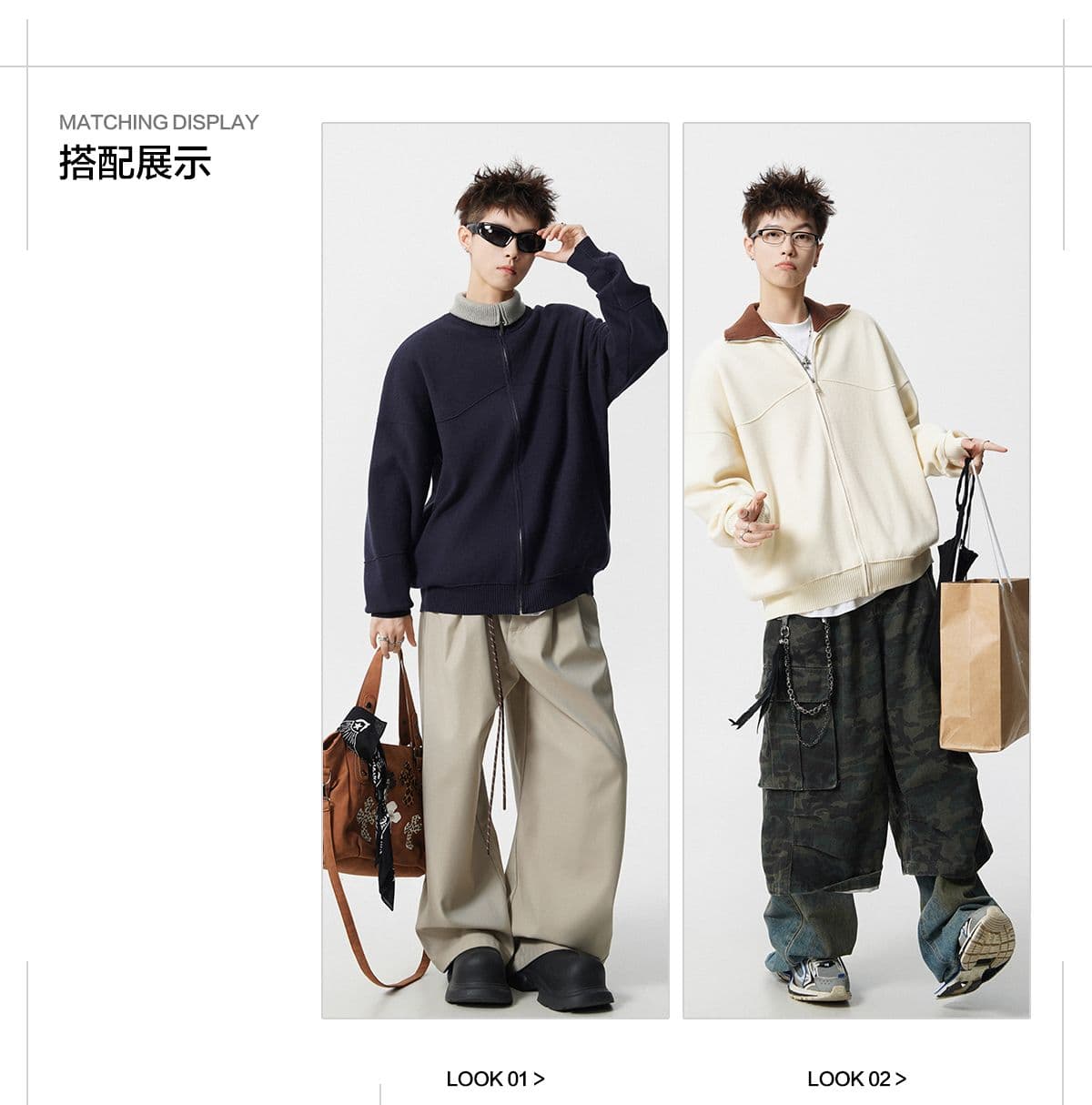 경관 그림 아메리칸 배색 지퍼 오픈 가디건 스웨터 남자 조수 브랜드 레트로 oversize 니트 스웨터 재킷 상세 이미지 3