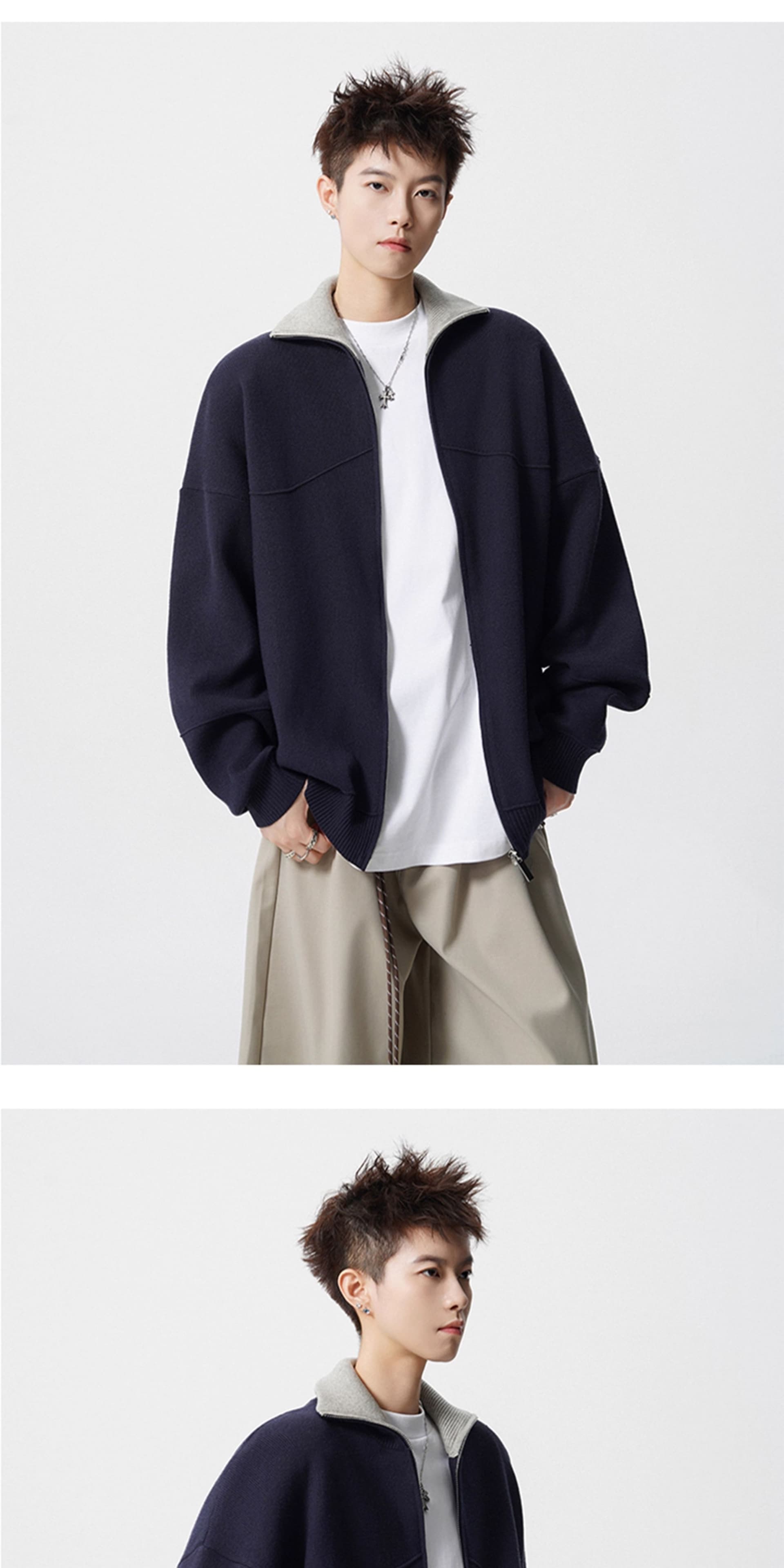 경관 그림 아메리칸 배색 지퍼 오픈 가디건 스웨터 남자 조수 브랜드 레트로 oversize 니트 스웨터 재킷 상세 이미지 4
