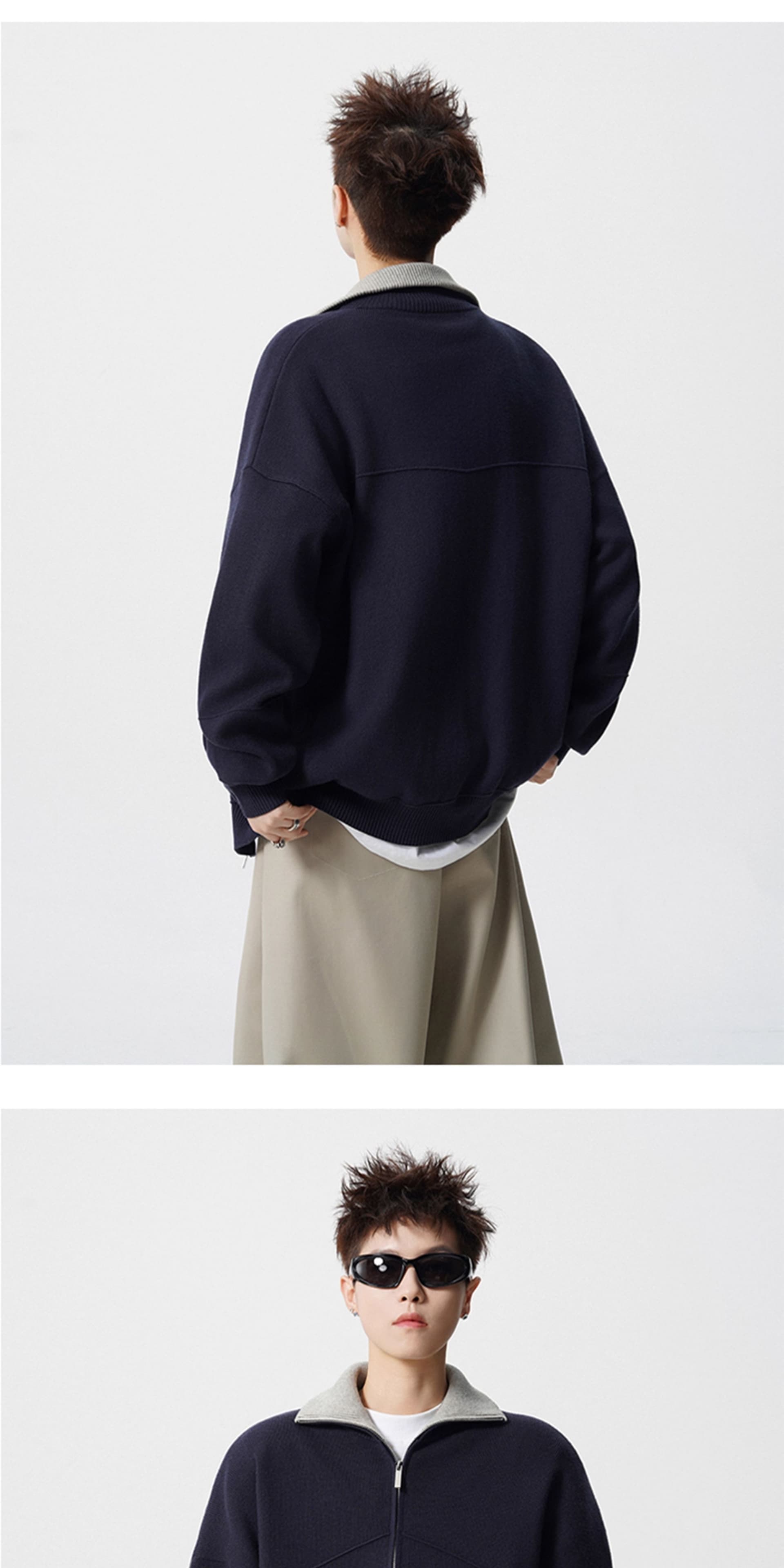 경관 그림 아메리칸 배색 지퍼 오픈 가디건 스웨터 남자 조수 브랜드 레트로 oversize 니트 스웨터 재킷 상세 이미지 6