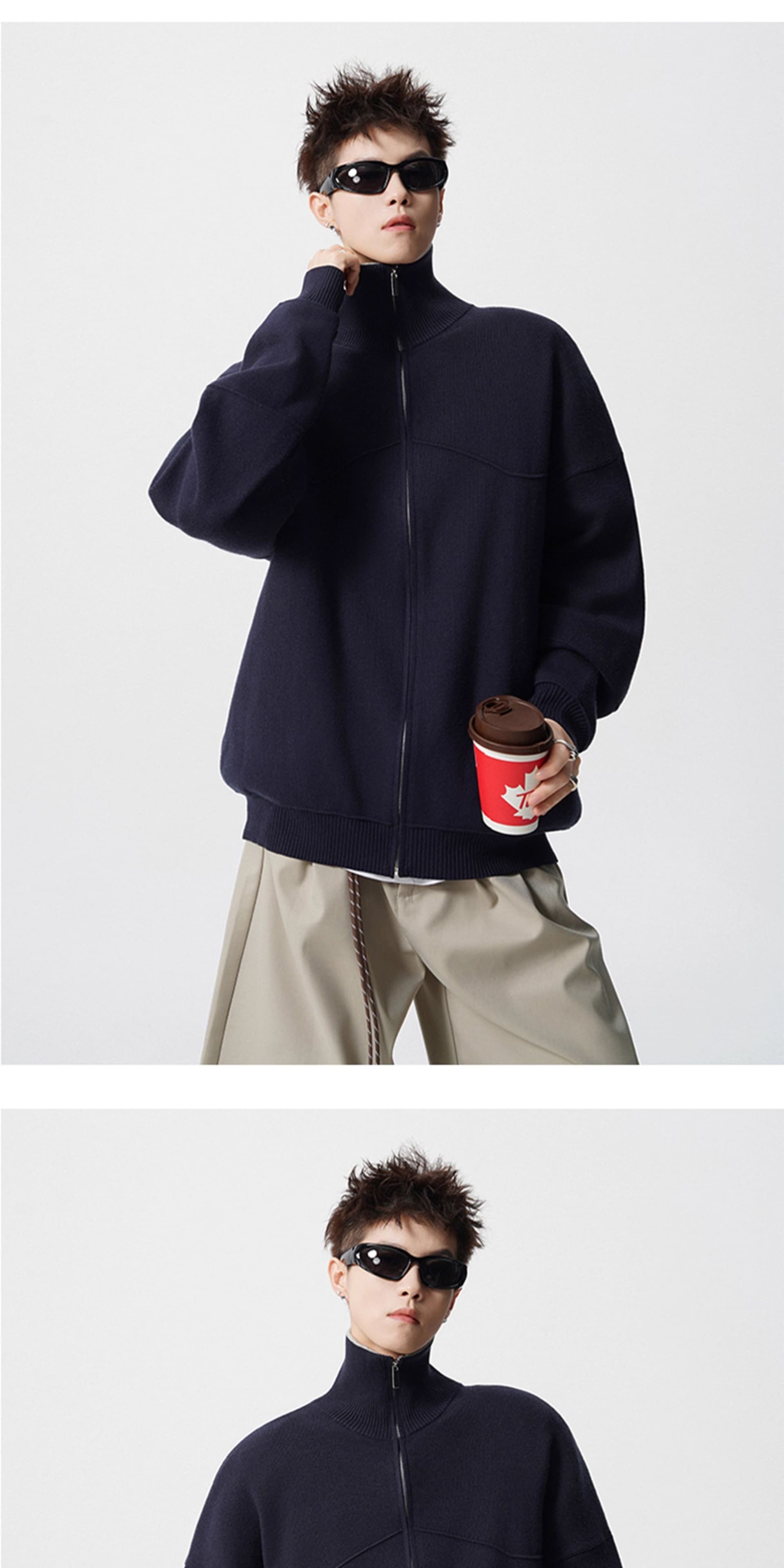 경관 그림 아메리칸 배색 지퍼 오픈 가디건 스웨터 남자 조수 브랜드 레트로 oversize 니트 스웨터 재킷 상세 이미지 8