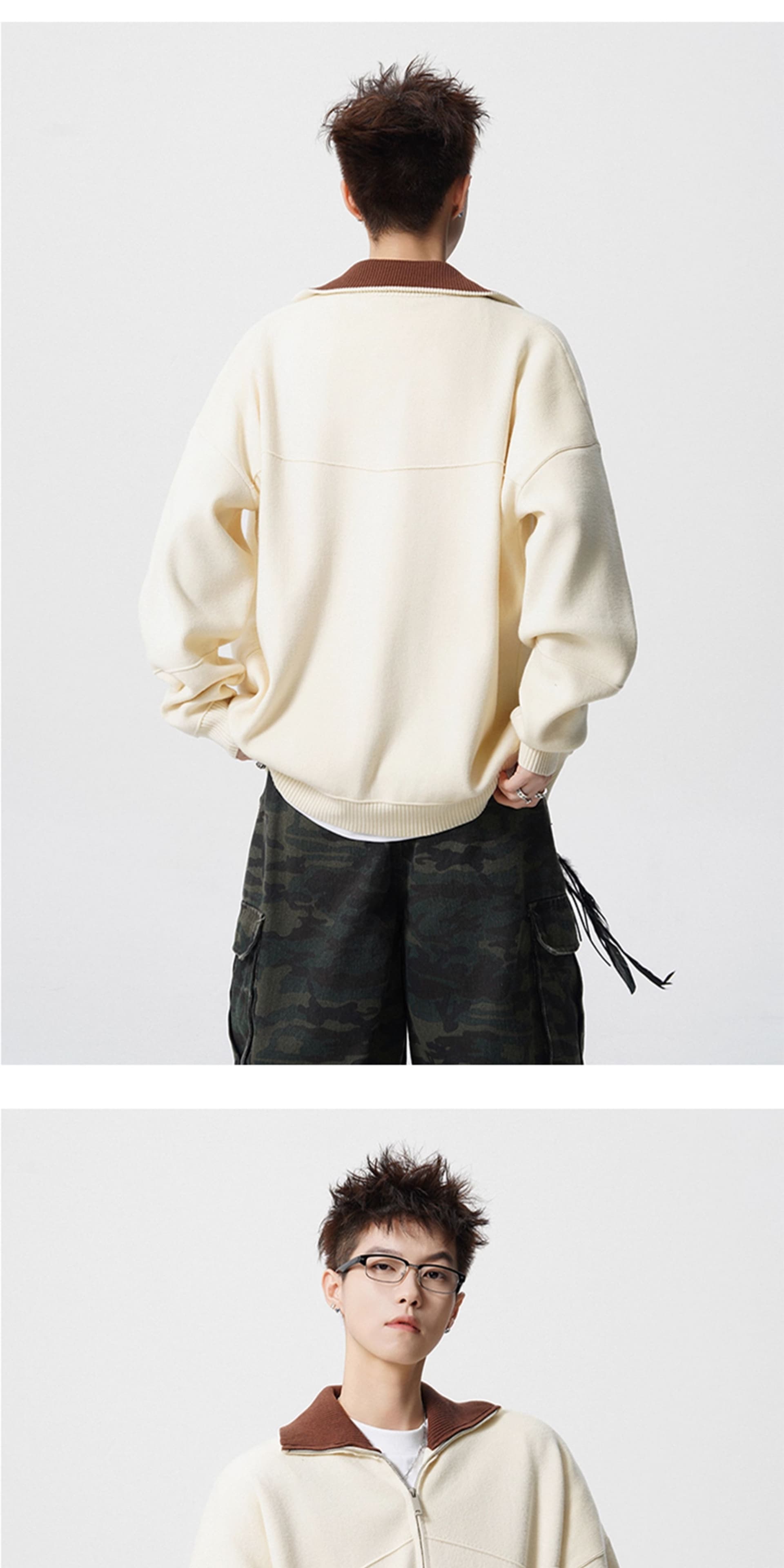 경관 그림 아메리칸 배색 지퍼 오픈 가디건 스웨터 남자 조수 브랜드 레트로 oversize 니트 스웨터 재킷 상세 이미지 14