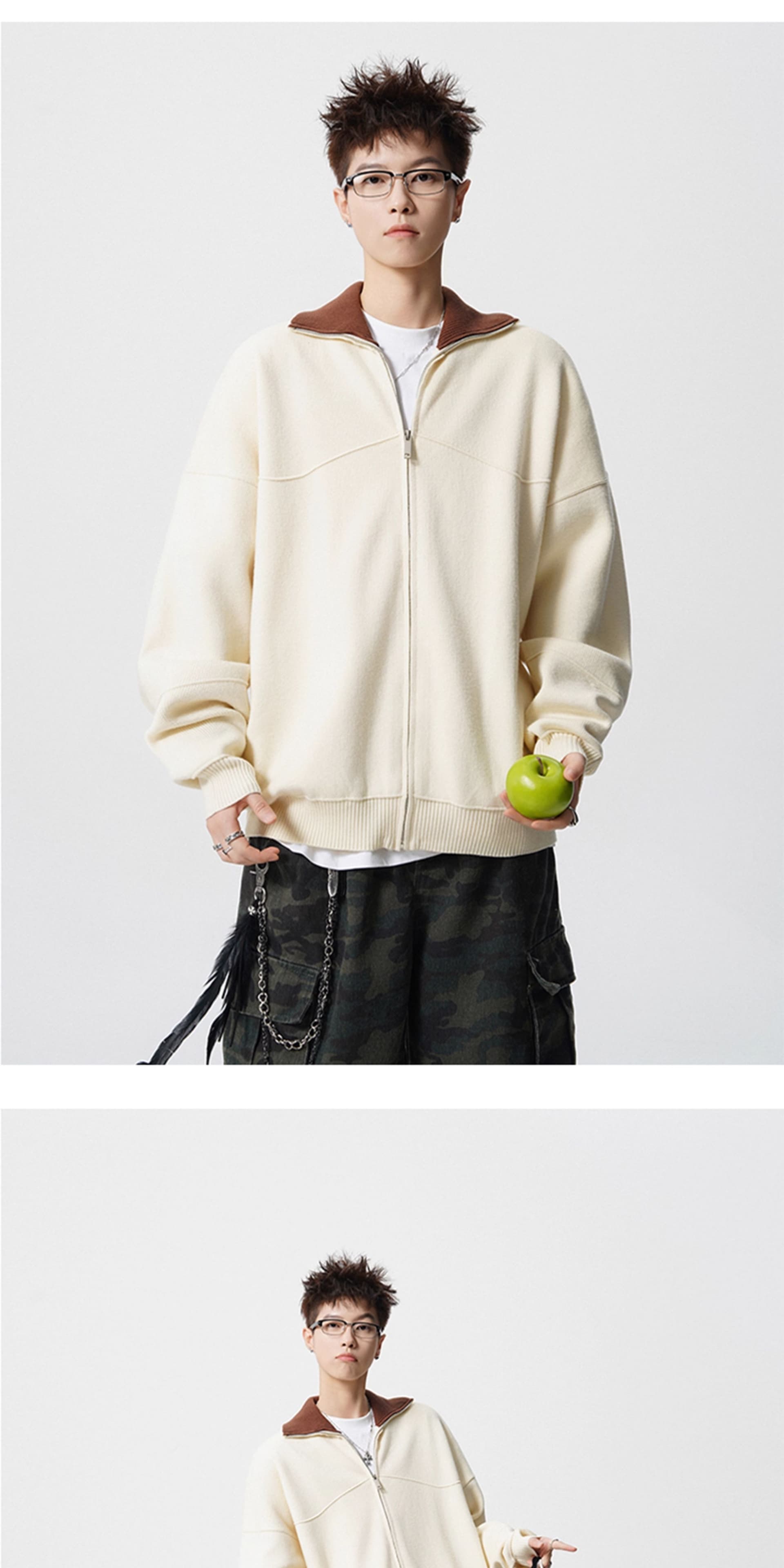 경관 그림 아메리칸 배색 지퍼 오픈 가디건 스웨터 남자 조수 브랜드 레트로 oversize 니트 스웨터 재킷 상세 이미지 16