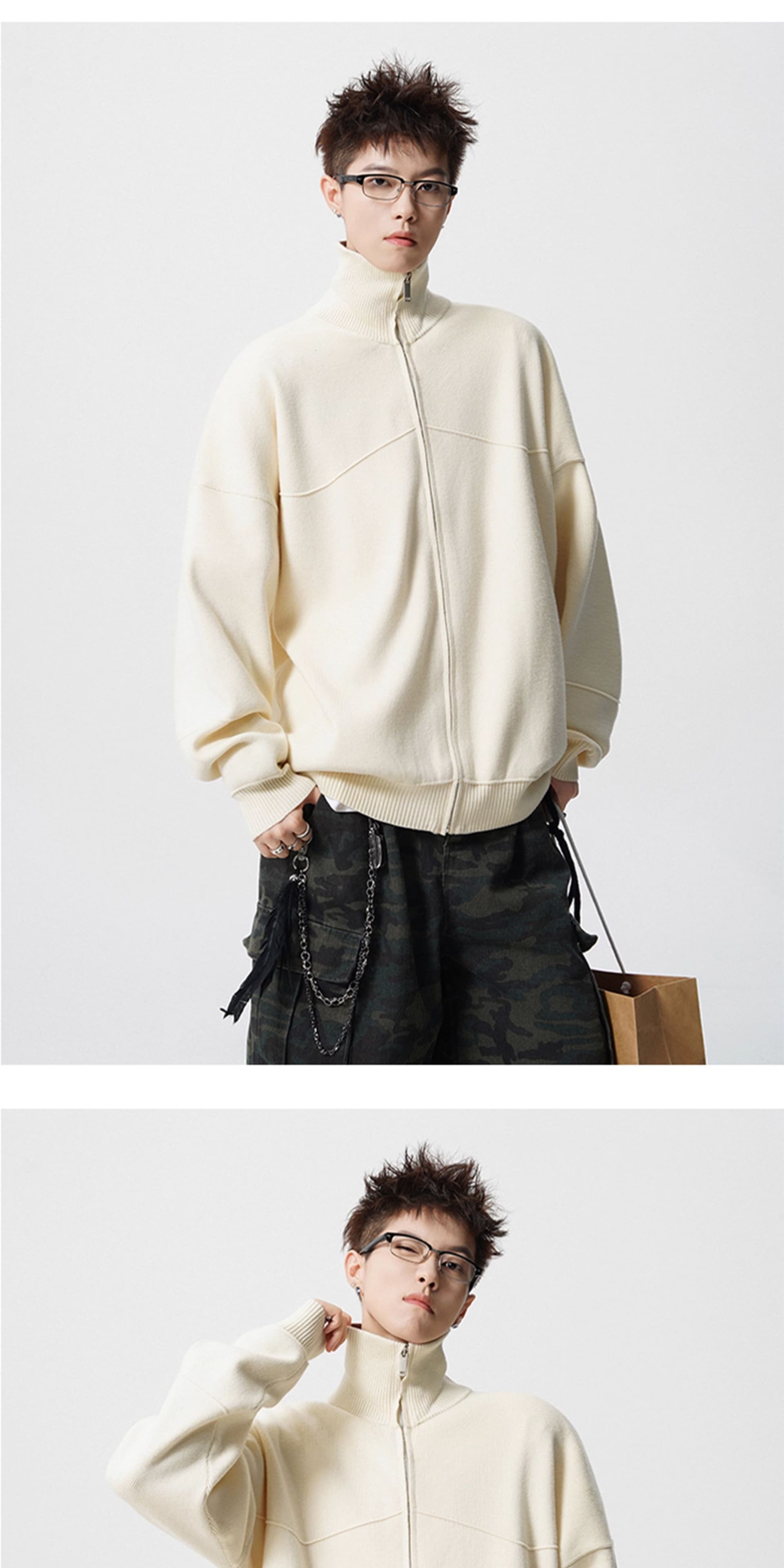 경관 그림 아메리칸 배색 지퍼 오픈 가디건 스웨터 남자 조수 브랜드 레트로 oversize 니트 스웨터 재킷 상세 이미지 18