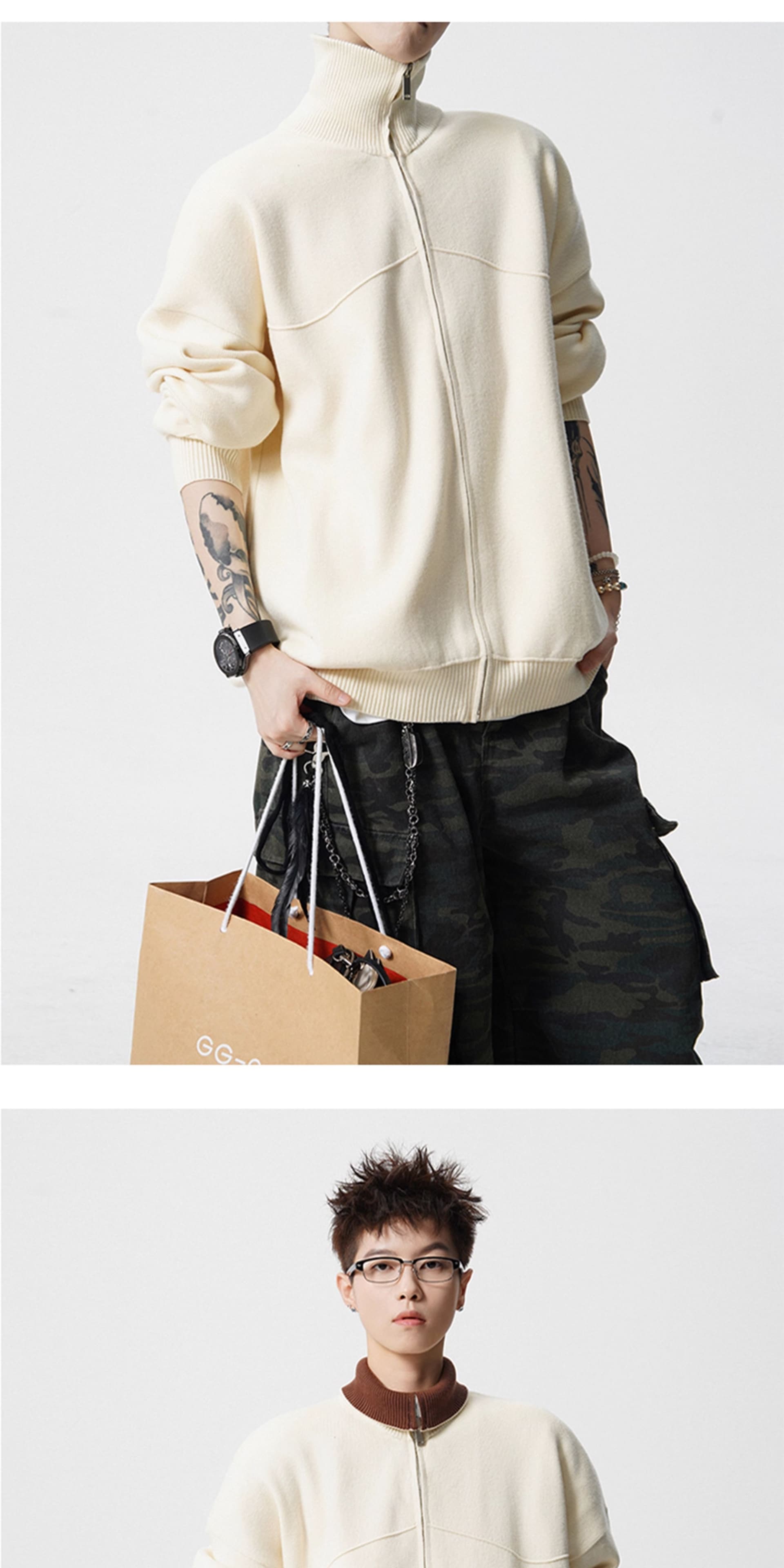 경관 그림 아메리칸 배색 지퍼 오픈 가디건 스웨터 남자 조수 브랜드 레트로 oversize 니트 스웨터 재킷 상세 이미지 20