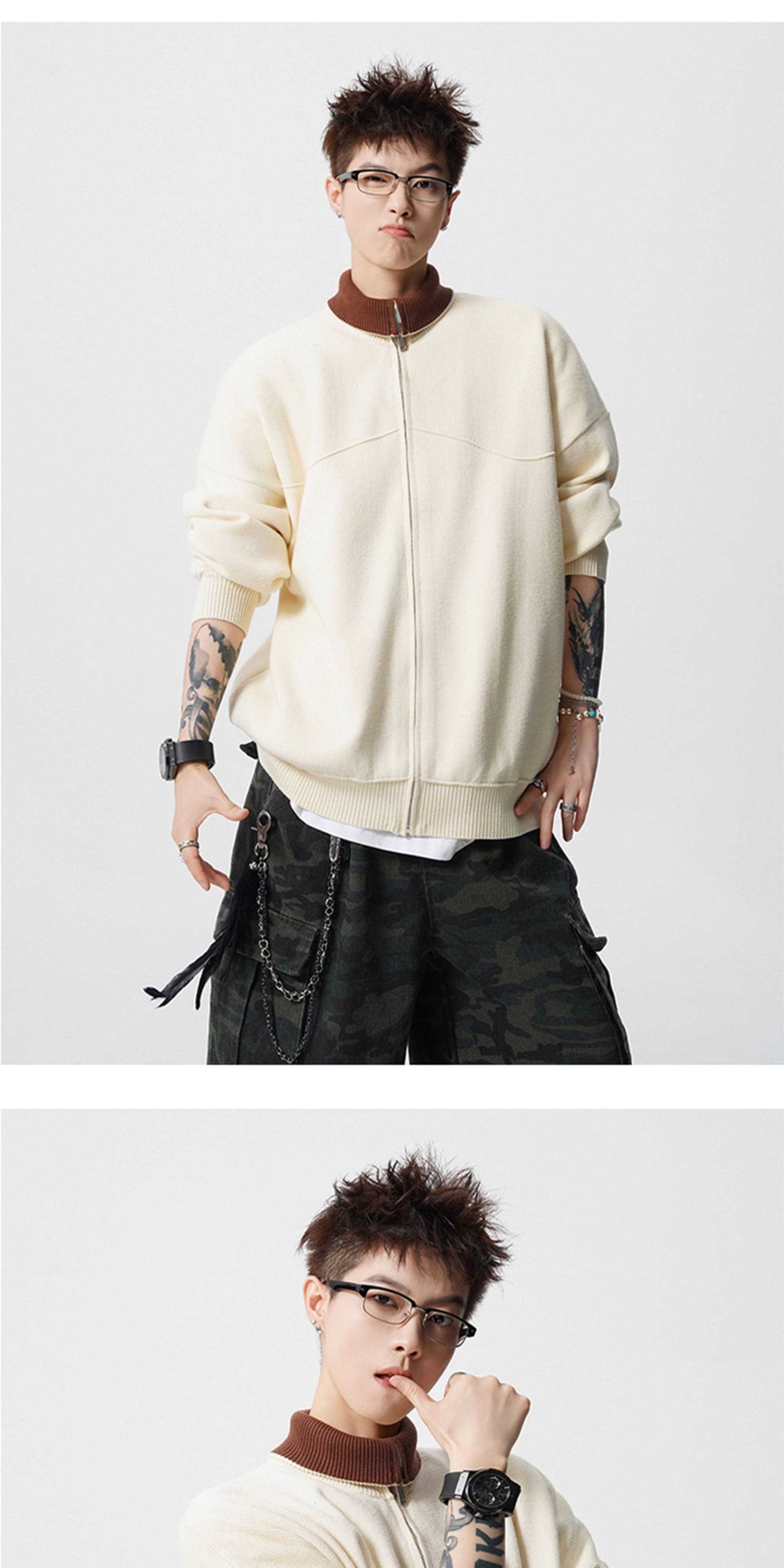 경관 그림 아메리칸 배색 지퍼 오픈 가디건 스웨터 남자 조수 브랜드 레트로 oversize 니트 스웨터 재킷 상세 이미지 22