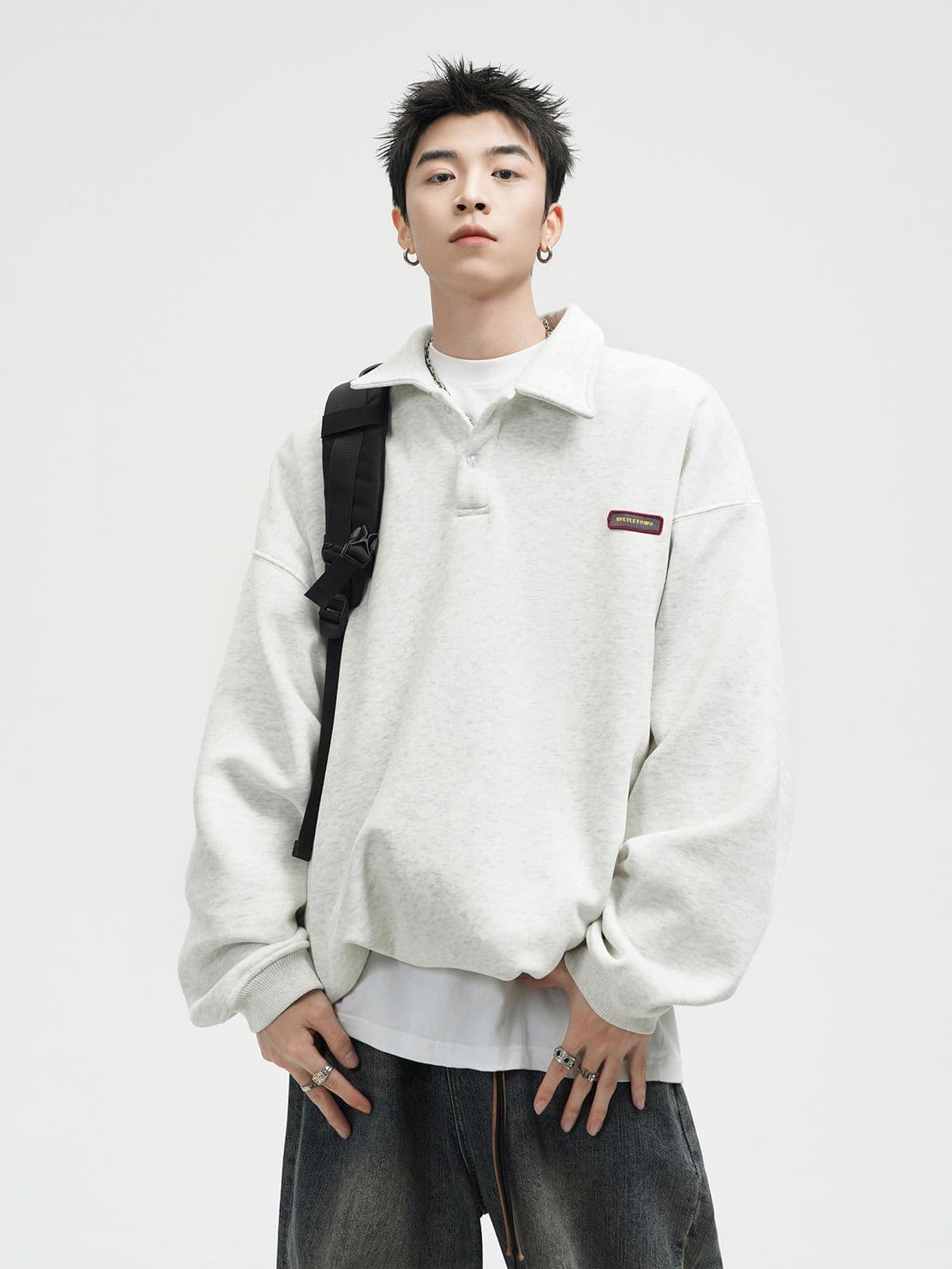 경관 그림 자수 막대기 표준 긴팔 POLO 셔츠 남자 아메리칸 조수 브랜드 폴로 칼라 캐주얼 후드티 커플 맨위 상세 이미지 3