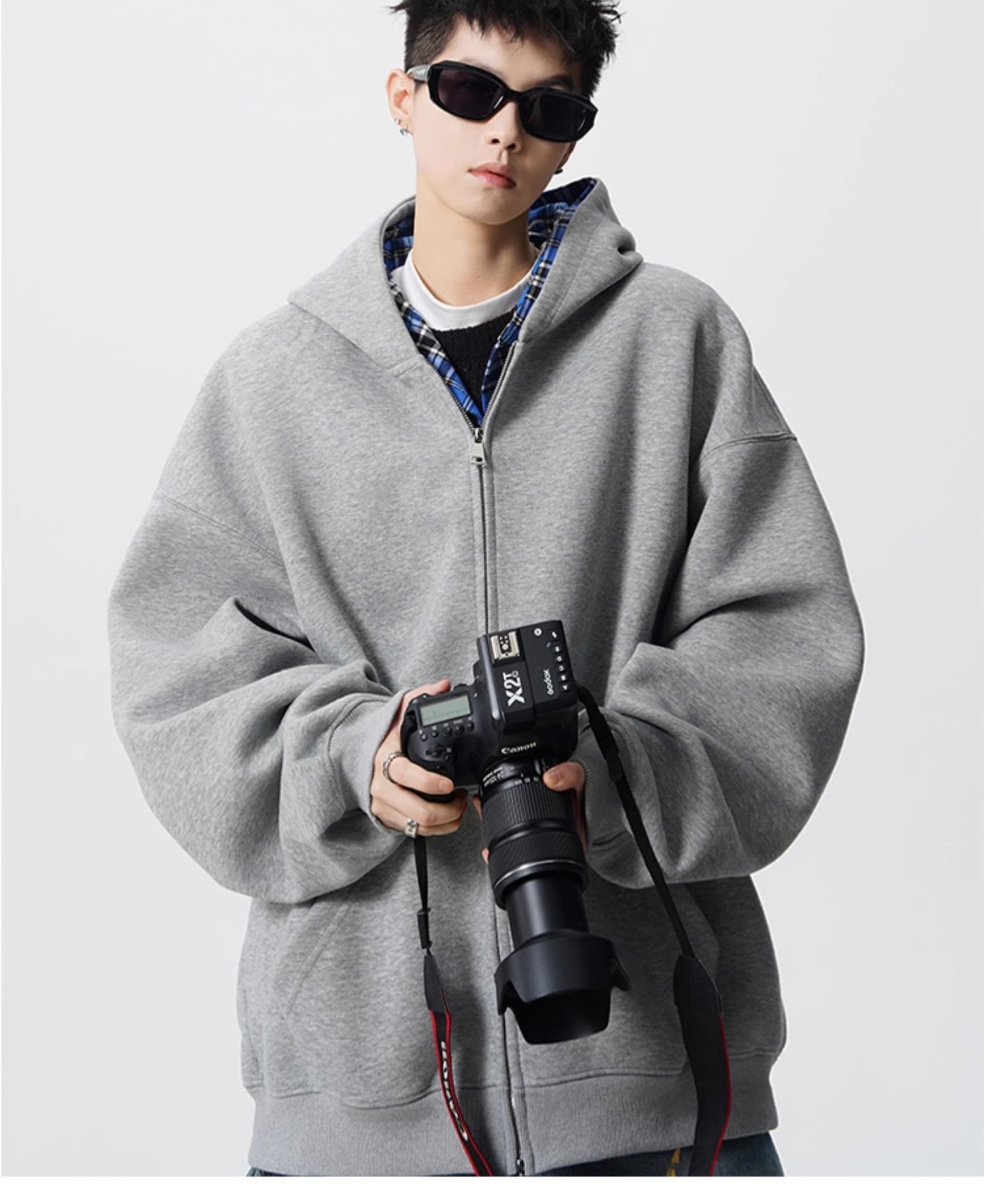 경관 그림 더블 지퍼 후드 오픈 가디건 재킷 남자 체크무늬 패치워크 조수 브랜드 루즈핏 운동 후드티 재킷 상세 이미지 9