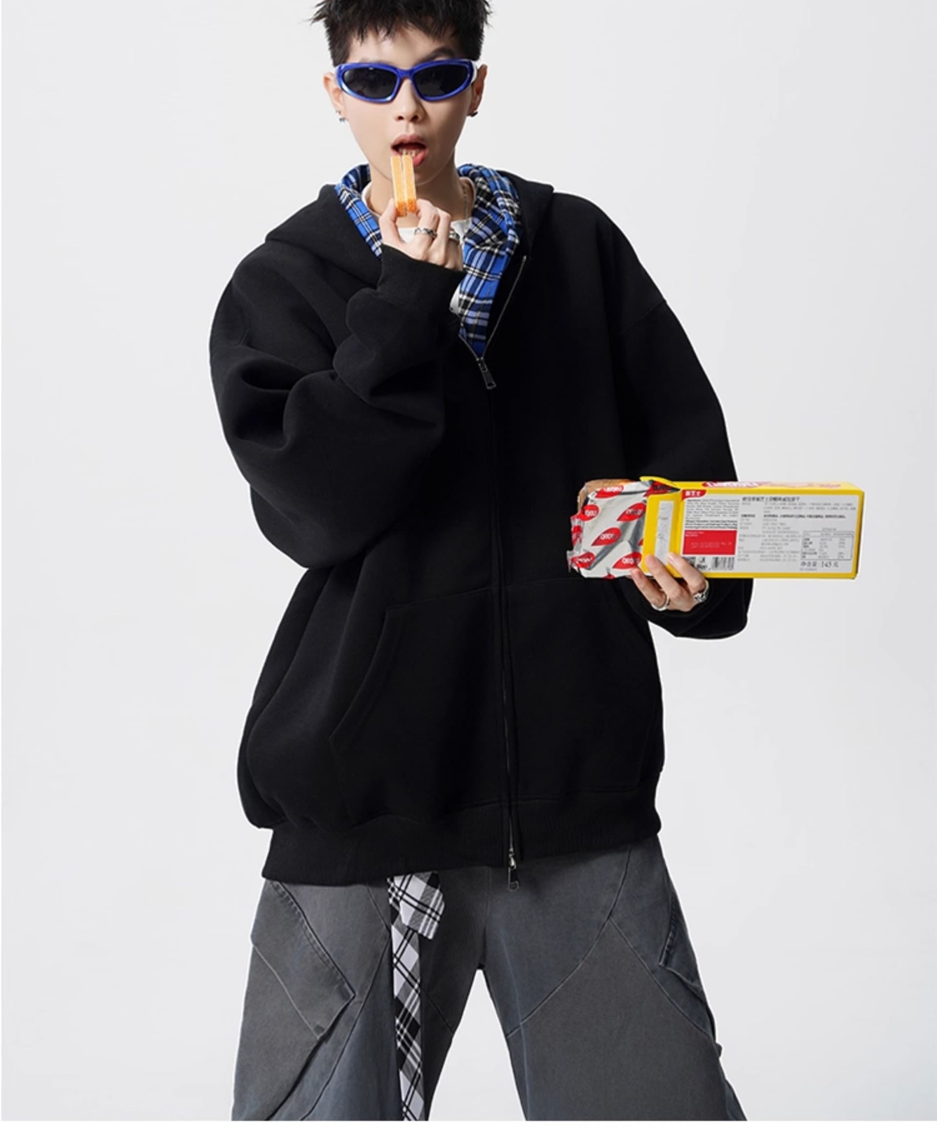 경관 그림 더블 지퍼 후드 오픈 가디건 재킷 남자 체크무늬 패치워크 조수 브랜드 루즈핏 운동 후드티 재킷 상세 이미지 19