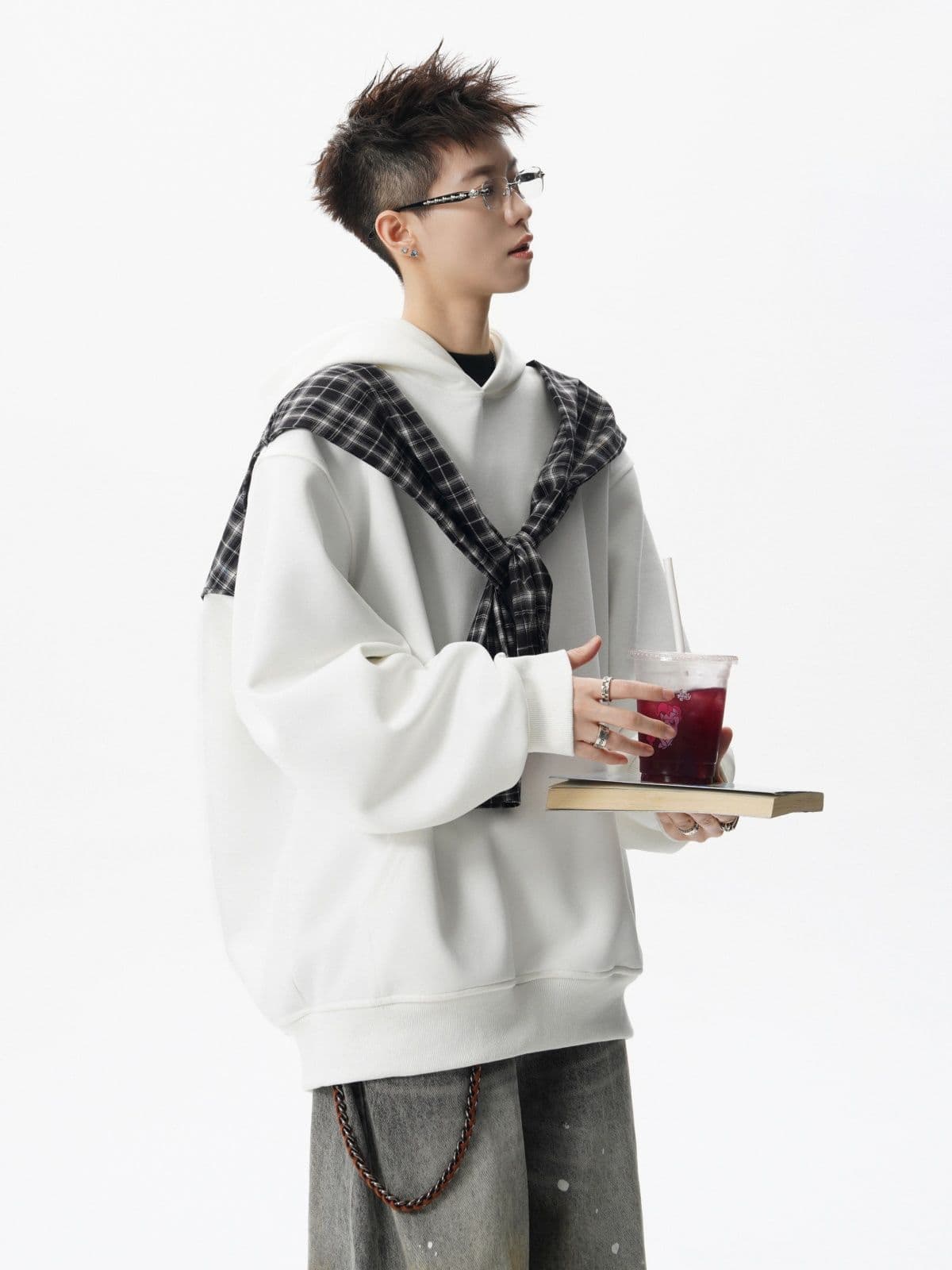 경관 그림 페이크 레이어드 체크무늬 숄 패치워크 후드 티 스웨터 남자 조수 브랜드 단색 모자 셔츠 높음 거리 재킷 상세 이미지 8