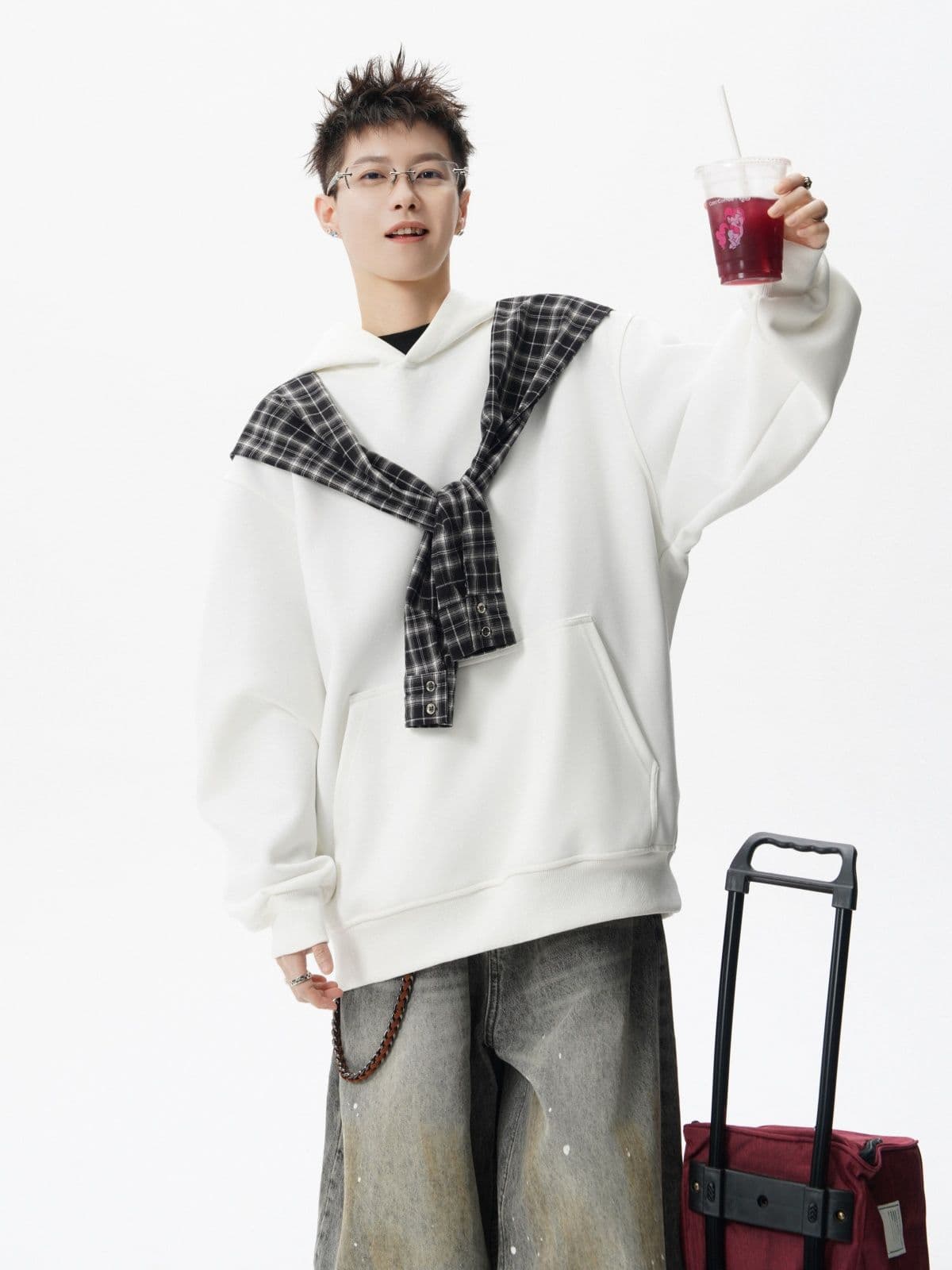 경관 그림 페이크 레이어드 체크무늬 숄 패치워크 후드 티 스웨터 남자 조수 브랜드 단색 모자 셔츠 높음 거리 재킷 상세 이미지 11