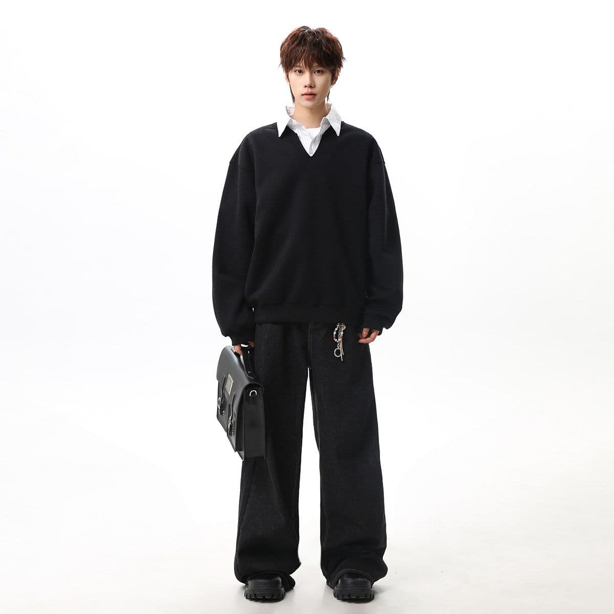 경관 그림 한 부서 페이크 레이어드 스트라이프 패치워크 폴로 칼라 후드티 남자 높음 지혜 센스 학원 스타일 POLO 셔츠 티셔츠 상세 이미지 16