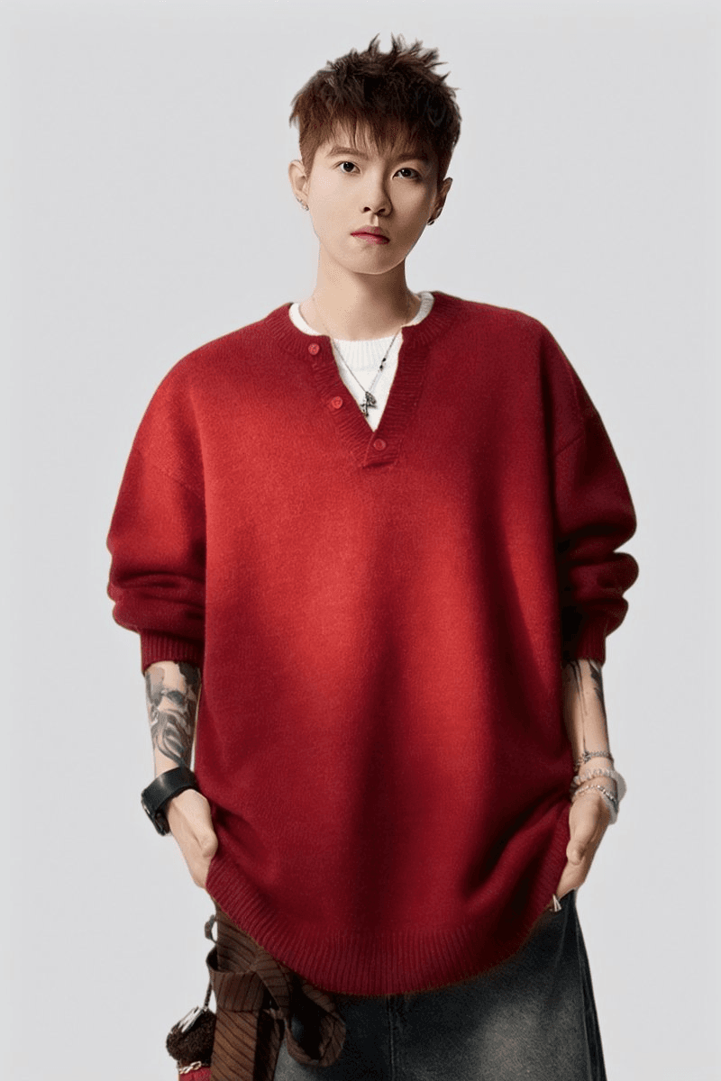 경관 그림 페이크 레이어드 패치워크 헨리 칼라 니트 스웨터 남자 가을 겨울 캐주얼 디자인 센스 배색 V넥 스웨터 상세 이미지 2