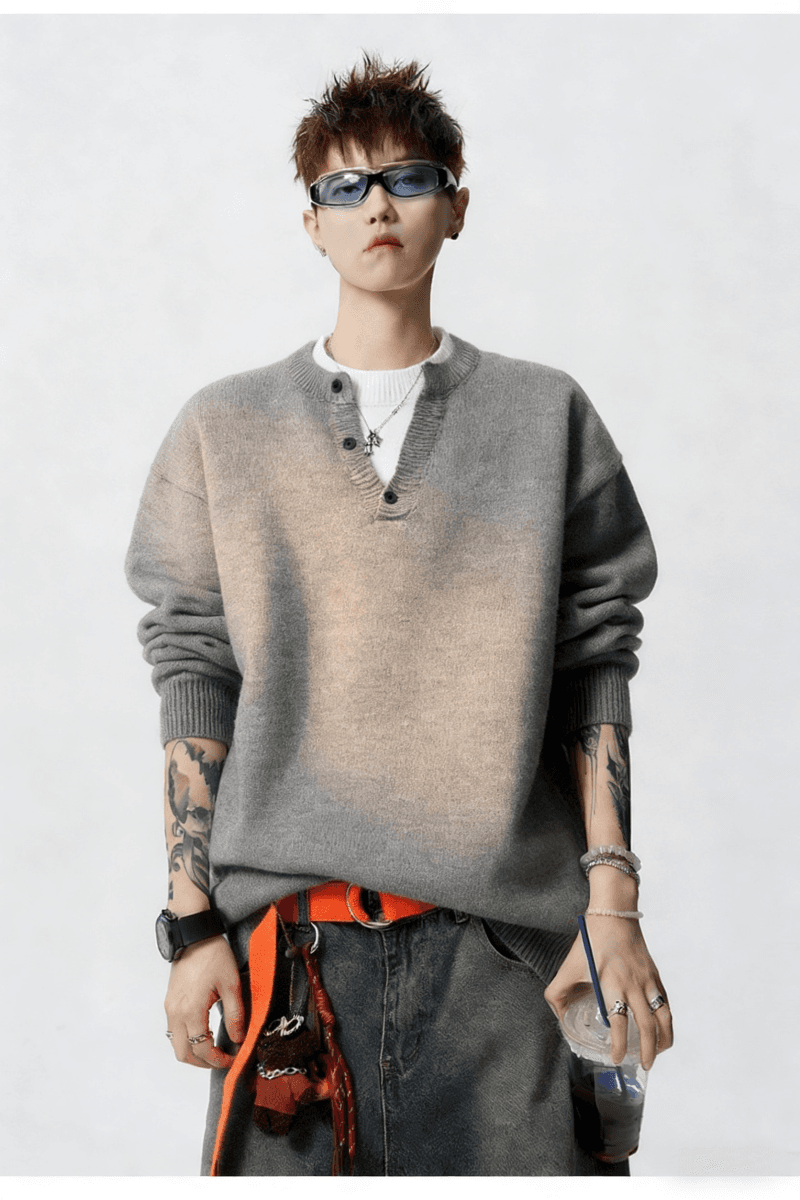 경관 그림 페이크 레이어드 패치워크 헨리 칼라 니트 스웨터 남자 가을 겨울 캐주얼 디자인 센스 배색 V넥 스웨터 상세 이미지 13