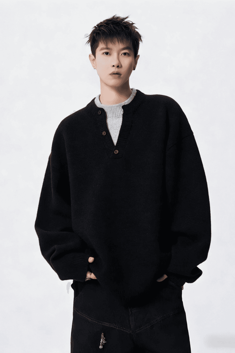 경관 그림 페이크 레이어드 패치워크 헨리 칼라 니트 스웨터 남자 가을 겨울 캐주얼 디자인 센스 배색 V넥 스웨터 상세 이미지 25