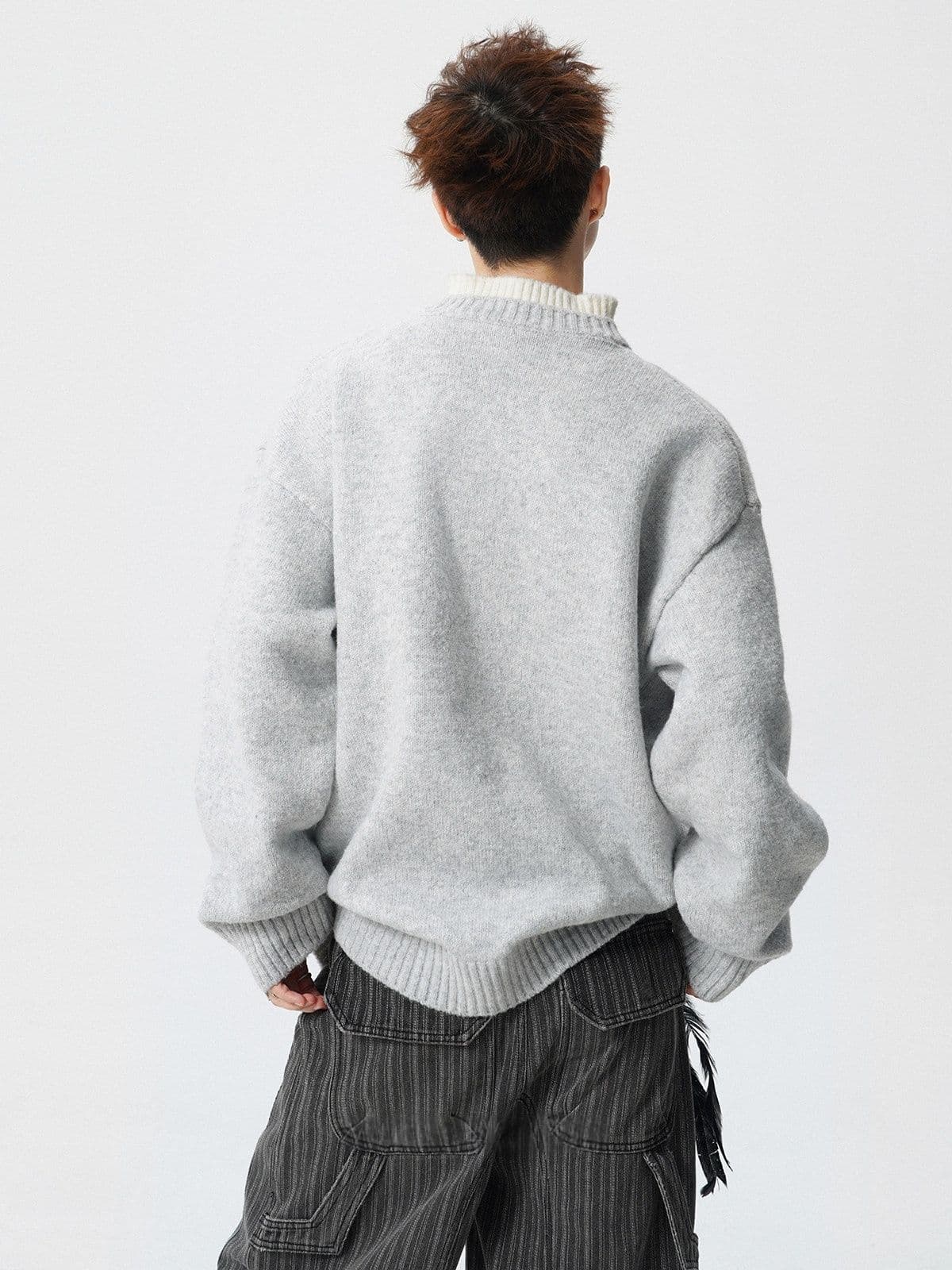 경관 그림 아메리칸 페이크 레이어드 디자인 센스 스웨터 남자 오래된 돈 바람 레트로 루즈핏 느긋한 바람 니트 스웨터 상세 이미지 7