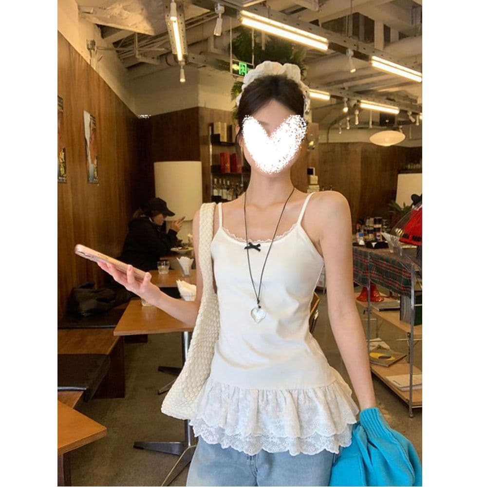 화이트 캐미솔 봄 여름 외출용 몸매 가꾸기 스택 착용 인사이드 가져 가라. 발레 바람 레이스 밑단 레이스 만나는 맨위 이미지 2