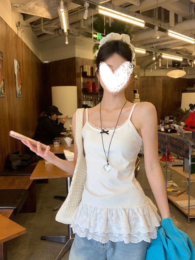 화이트 캐미솔 봄 여름 외출용 몸매 가꾸기 스택 착용 인사이드 가져 가라. 발레 바람 레이스 밑단 레이스 만나는 맨위 상세 이미지 3