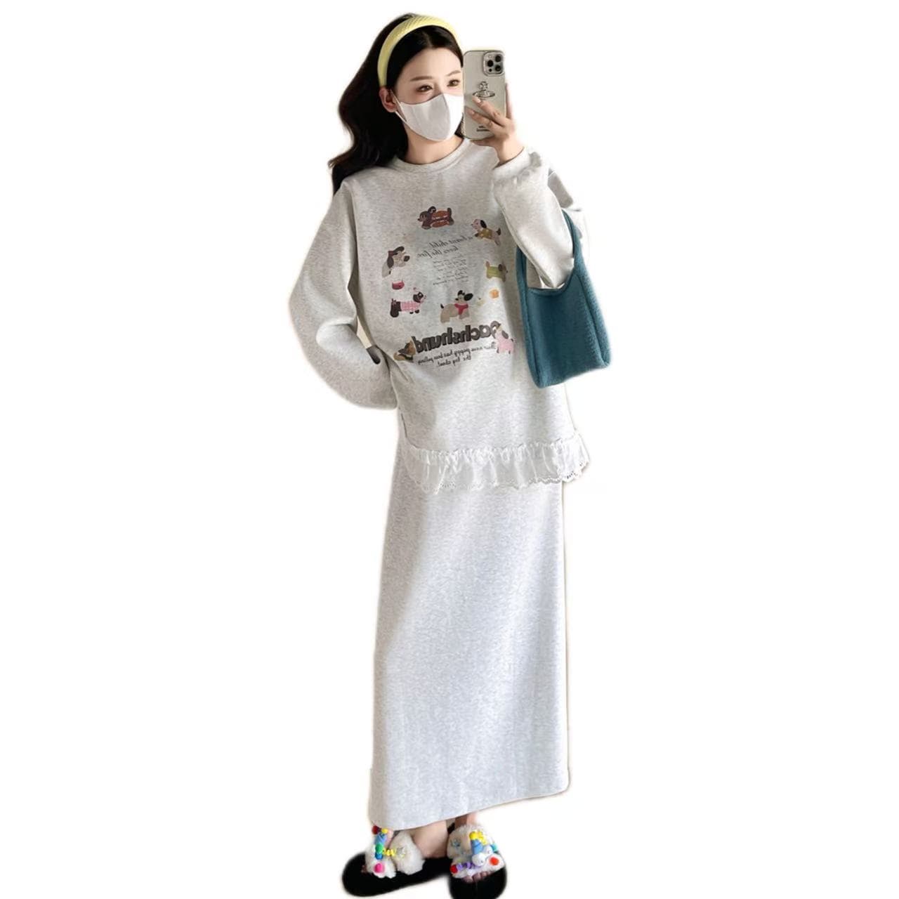 실사 대 물품 봄 가을 루즈핏 패션 순면 레이스 후드티 반신 스커트 임산부 세트 이미지 6