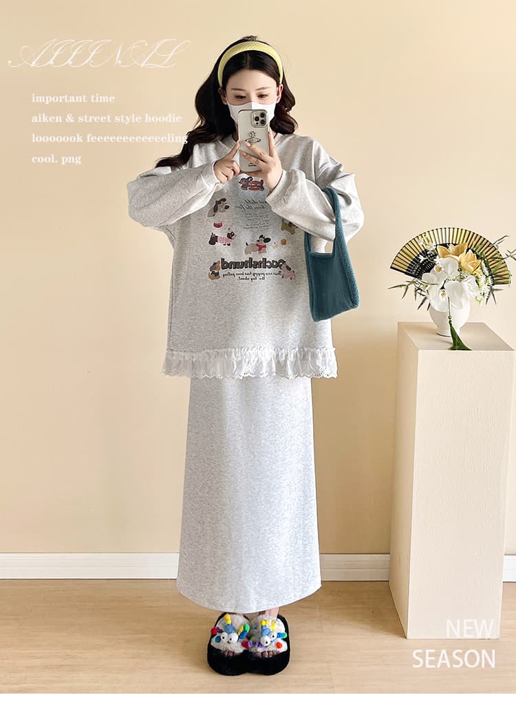 실사 대 물품 봄 가을 루즈핏 패션 순면 레이스 후드티 반신 스커트 임산부 세트 상세 이미지 1