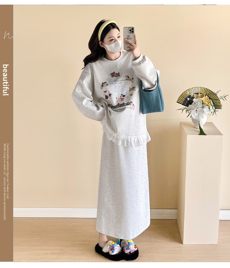 실사 대 물품 봄 가을 루즈핏 패션 순면 레이스 후드티 반신 스커트 임산부 세트 상세 이미지 6