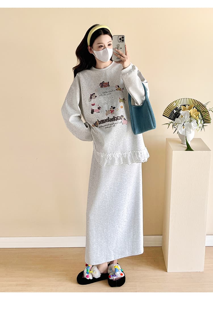 실사 대 물품 봄 가을 루즈핏 패션 순면 레이스 후드티 반신 스커트 임산부 세트 상세 이미지 14