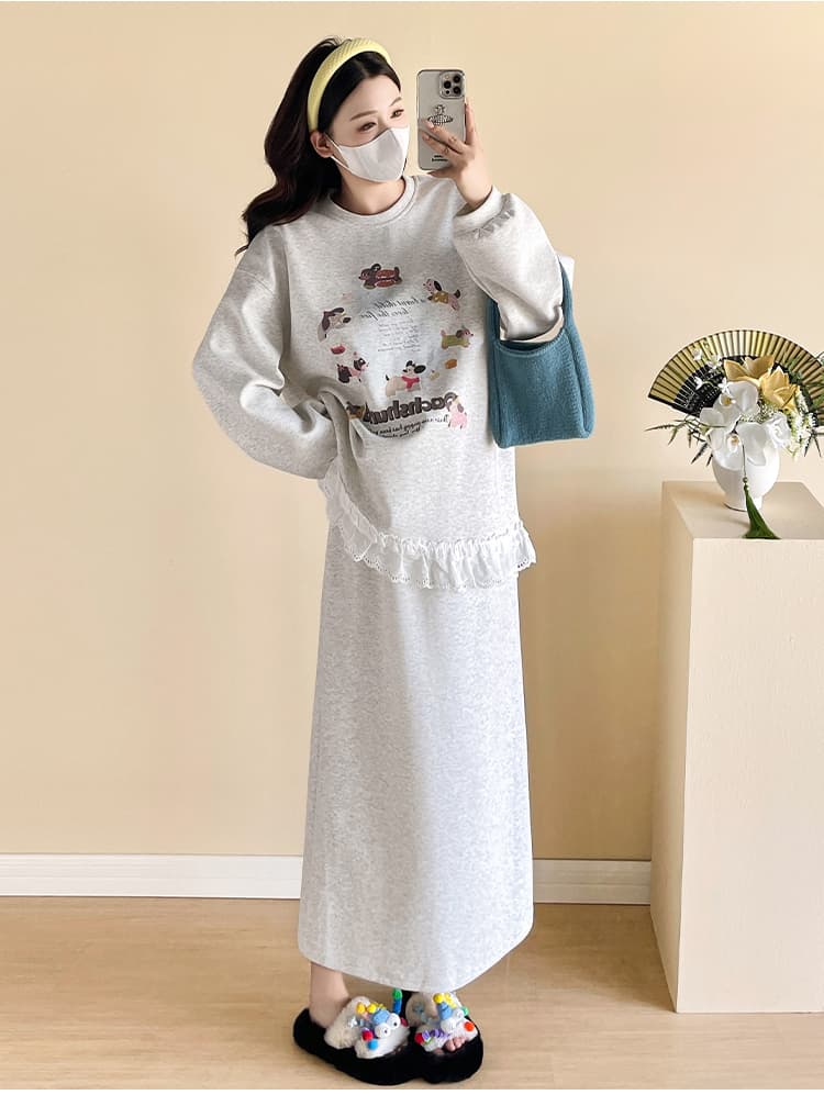 실사 대 물품 봄 가을 루즈핏 패션 순면 레이스 후드티 반신 스커트 임산부 세트 상세 이미지 16