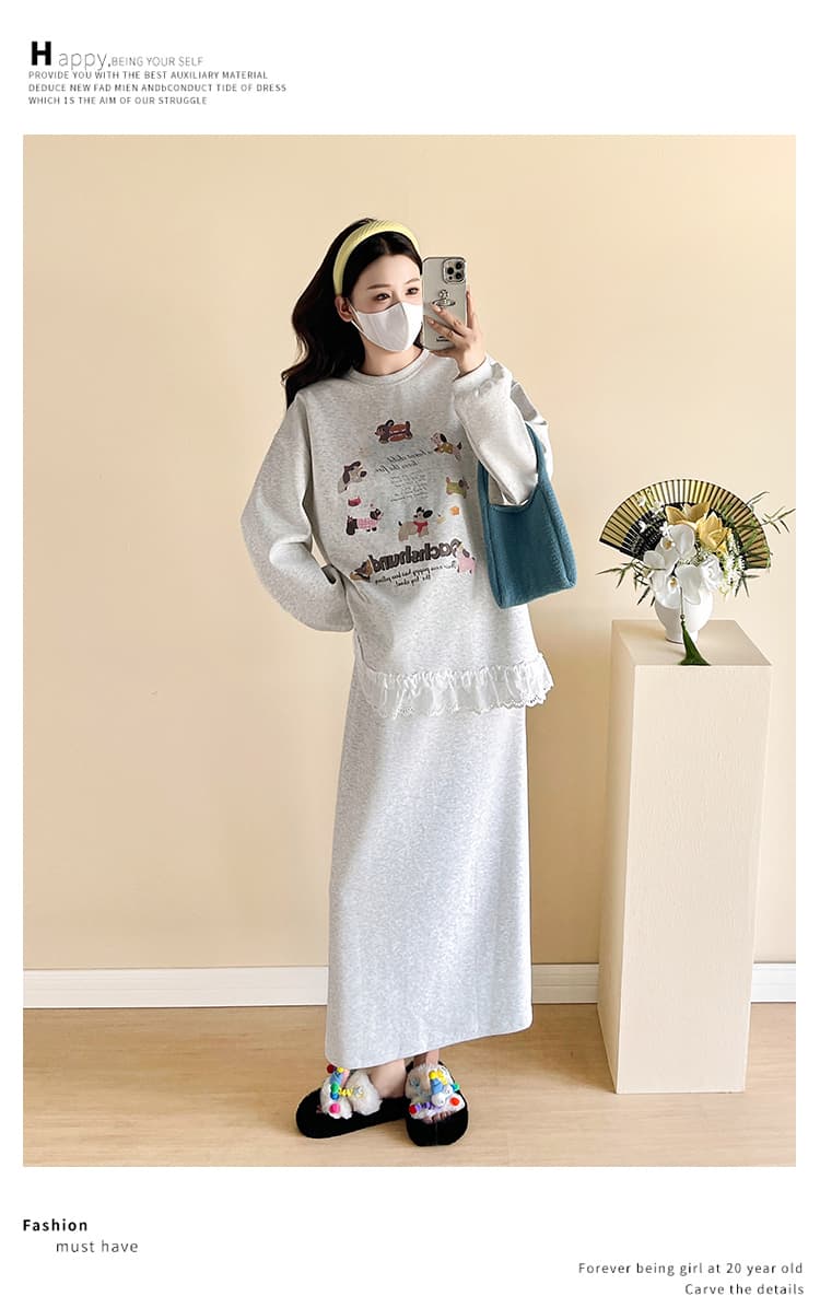 실사 대 물품 봄 가을 루즈핏 패션 순면 레이스 후드티 반신 스커트 임산부 세트 상세 이미지 20