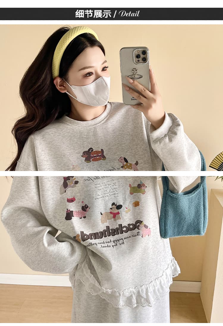 실사 대 물품 봄 가을 루즈핏 패션 순면 레이스 후드티 반신 스커트 임산부 세트 상세 이미지 21