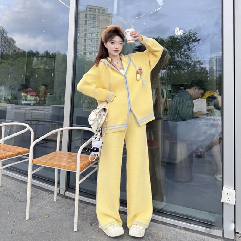 대 물품 가을 겨울 새로운 한국 스타일 후드 루즈핏 캐주얼 바람 니트 투피스 세트 세트 이미지 5