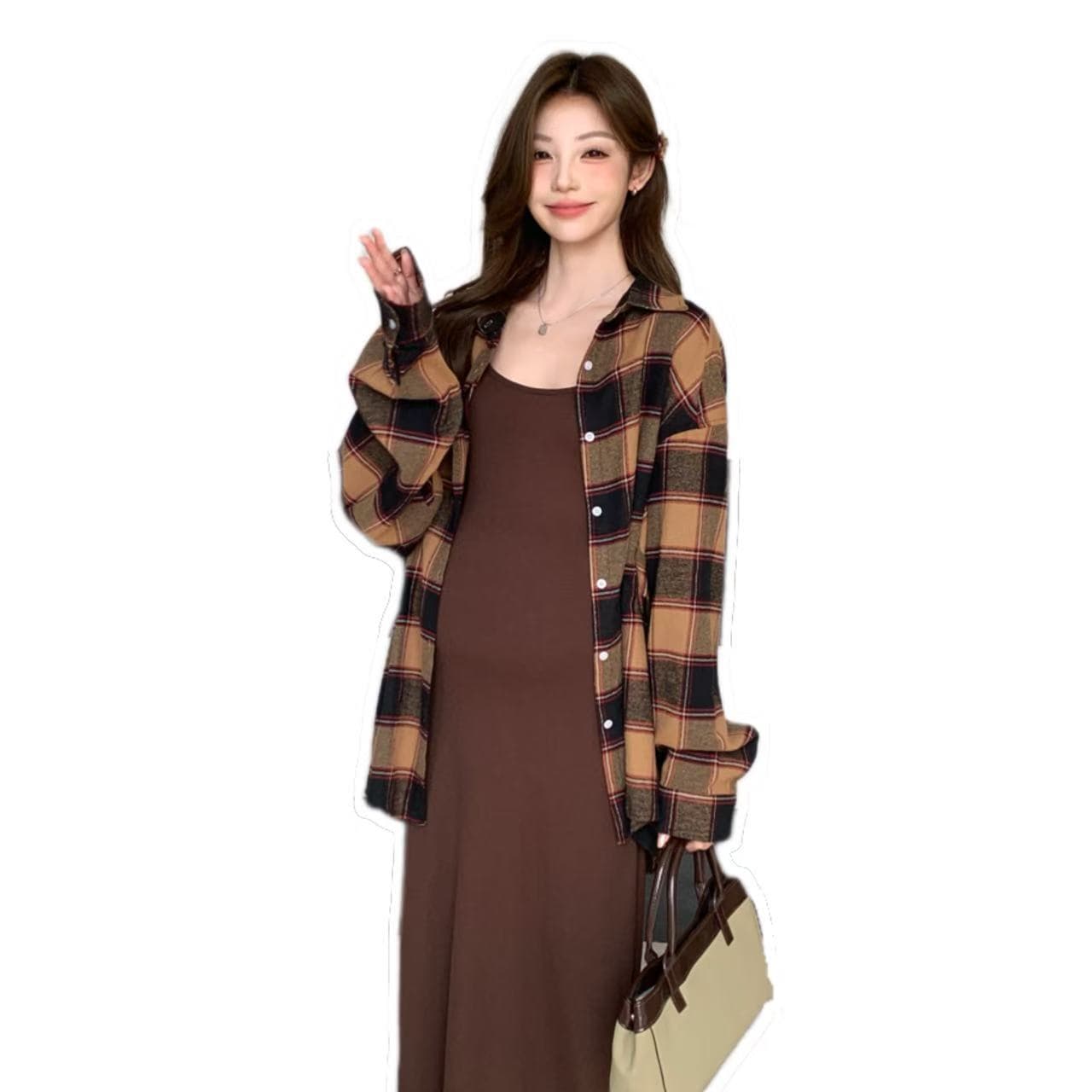 실사 봄 가을 새로운 느긋한 바람 게으른 착용 가져 가라. 고급 센스 미니멀리즘 조끼 스커트 격자 무늬 셔츠 임산부 세트 이미지 6