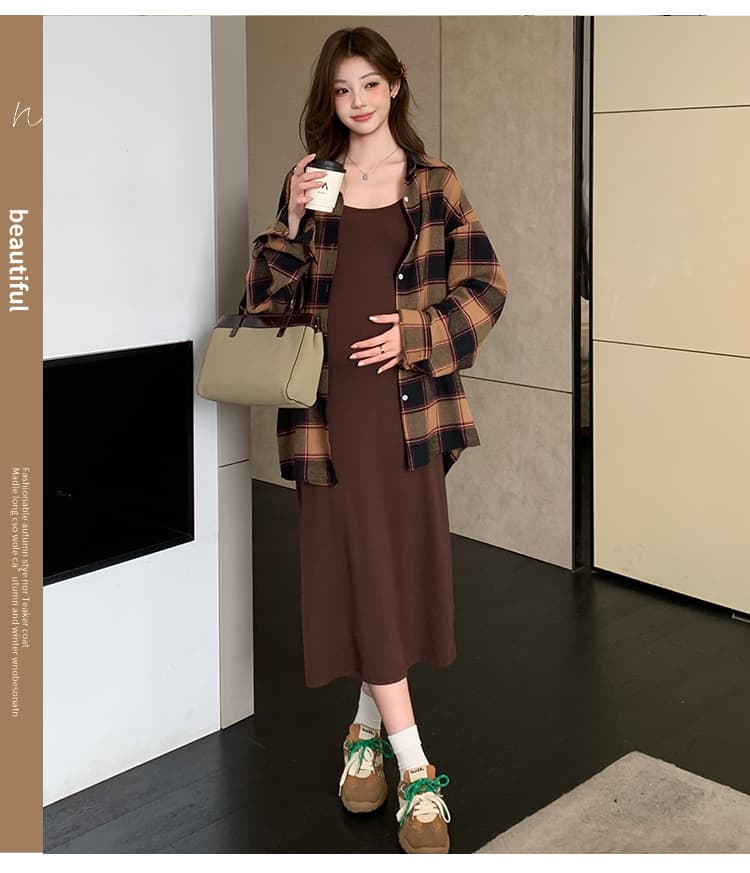 실사 봄 가을 새로운 느긋한 바람 게으른 착용 가져 가라. 고급 센스 미니멀리즘 조끼 스커트 격자 무늬 셔츠 임산부 세트 상세 이미지 6