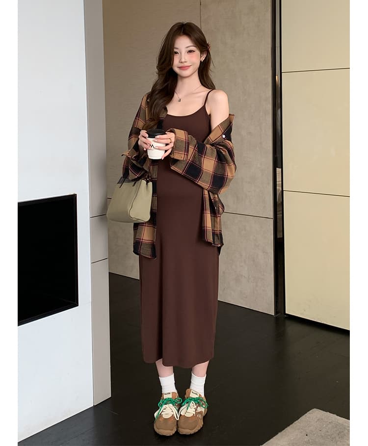 실사 봄 가을 새로운 느긋한 바람 게으른 착용 가져 가라. 고급 센스 미니멀리즘 조끼 스커트 격자 무늬 셔츠 임산부 세트 상세 이미지 12