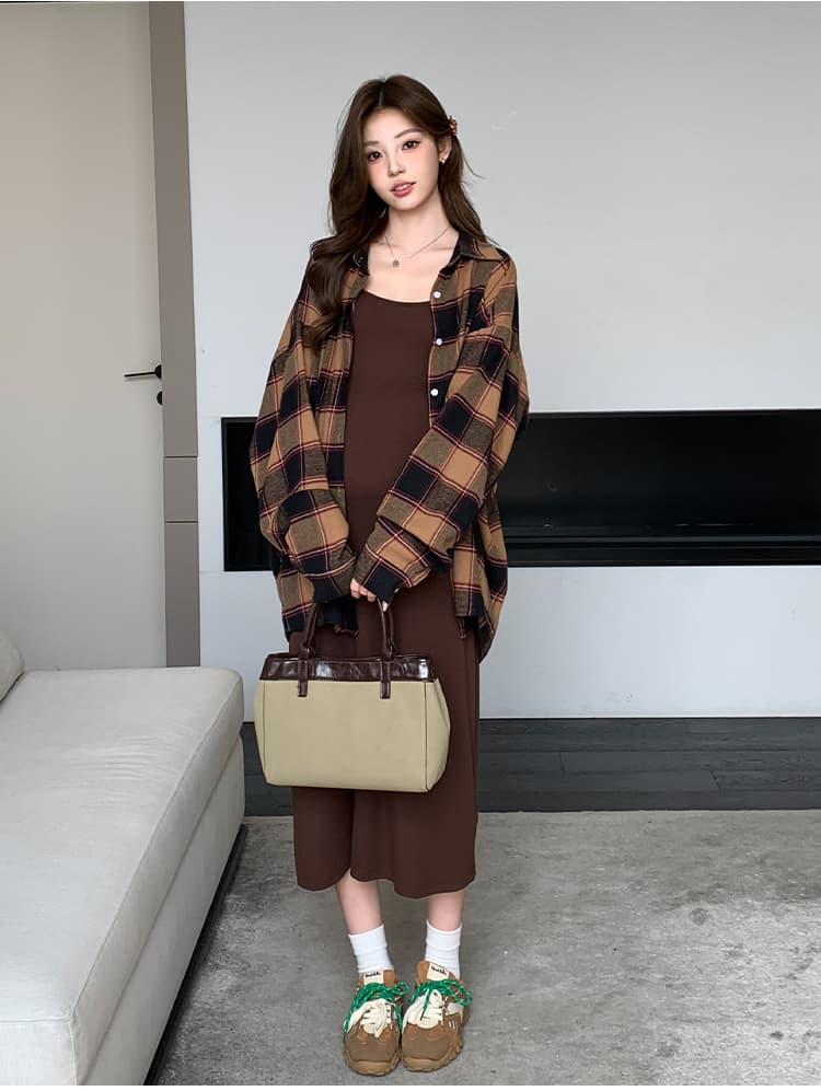 실사 봄 가을 새로운 느긋한 바람 게으른 착용 가져 가라. 고급 센스 미니멀리즘 조끼 스커트 격자 무늬 셔츠 임산부 세트 상세 이미지 16