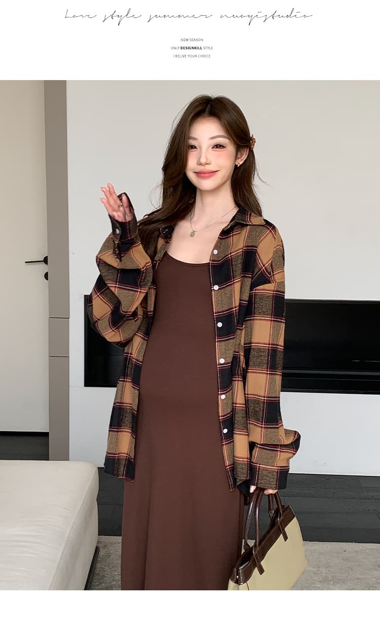 실사 봄 가을 새로운 느긋한 바람 게으른 착용 가져 가라. 고급 센스 미니멀리즘 조끼 스커트 격자 무늬 셔츠 임산부 세트 상세 이미지 17