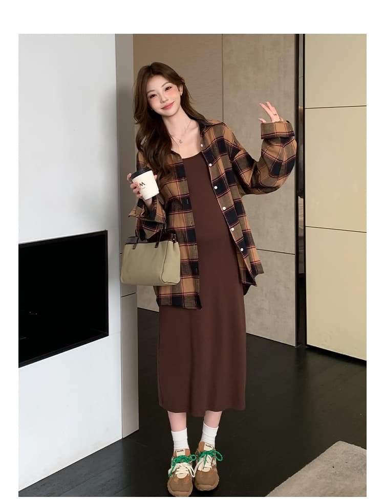 실사 봄 가을 새로운 느긋한 바람 게으른 착용 가져 가라. 고급 센스 미니멀리즘 조끼 스커트 격자 무늬 셔츠 임산부 세트 상세 이미지 18