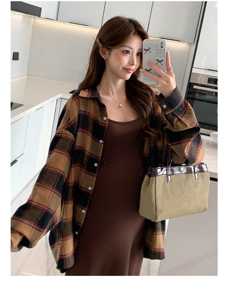 실사 봄 가을 새로운 느긋한 바람 게으른 착용 가져 가라. 고급 센스 미니멀리즘 조끼 스커트 격자 무늬 셔츠 임산부 세트 상세 이미지 19