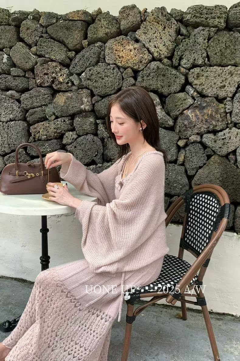 지금 지금 출산 착용 품격 슬립 실 빈 자수 고급 센스 니트 드레스 카디건 코트 임산부 세트 상세 이미지 16
