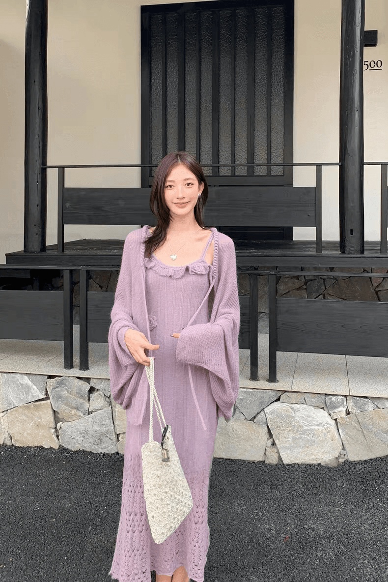 지금 지금 출산 착용 품격 슬립 실 빈 자수 고급 센스 니트 드레스 카디건 코트 임산부 세트 상세 이미지 20