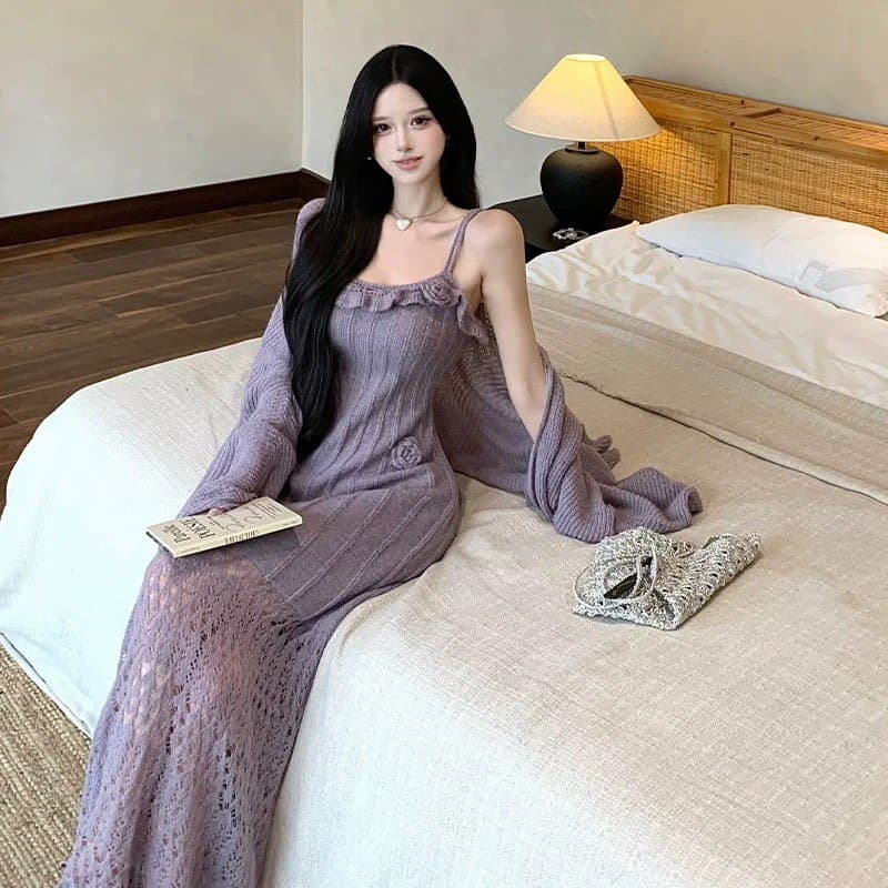지금 지금 출산 착용 품격 슬립 실 빈 자수 고급 센스 니트 드레스 카디건 코트 임산부 세트 상세 이미지 5