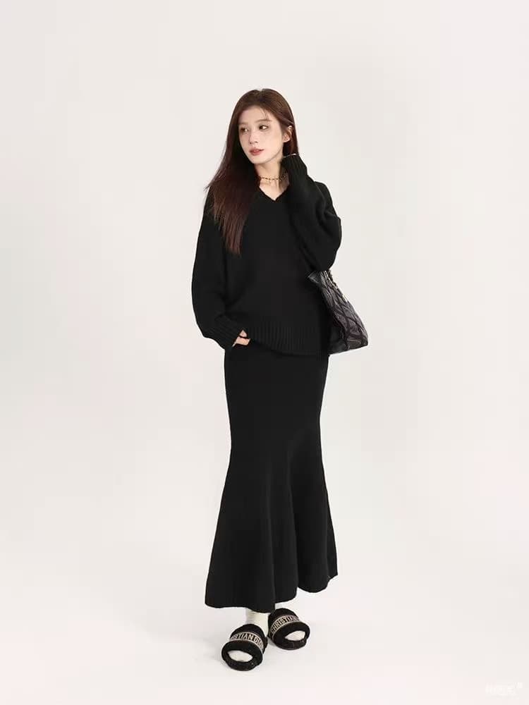 xian 물품 지불 루즈핏 느긋한 바람 슬림해 보이는 V넥 니트 스웨터 타이트 스커트 인어 꼬리 반신 스커트 임산부 투피스 세트 상세 이미지 4