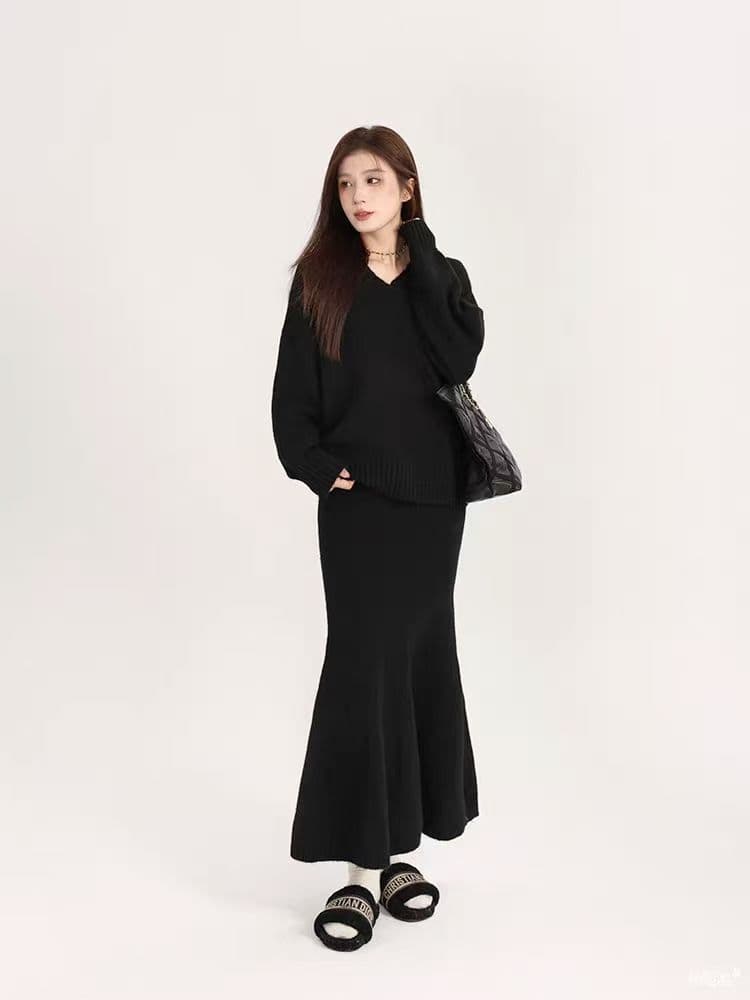 xian 물품 지불 루즈핏 느긋한 바람 슬림해 보이는 V넥 니트 스웨터 타이트 스커트 인어 꼬리 반신 스커트 임산부 투피스 세트 상세 이미지 8