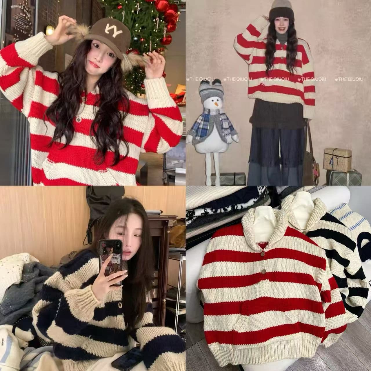 대 물품 봄 가을 새로운 외출용 인기 고급 센스 빨간색 두꺼운 선 스트라이프 폴로 칼라 스웨터 임산부 바지 세트 상세 이미지 5