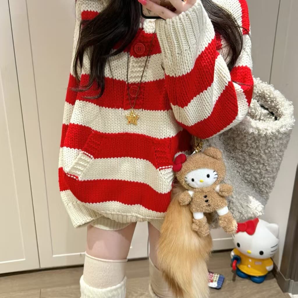 대 물품 봄 가을 새로운 외출용 인기 고급 센스 빨간색 두꺼운 선 스트라이프 폴로 칼라 스웨터 임산부 바지 세트 이미지 5