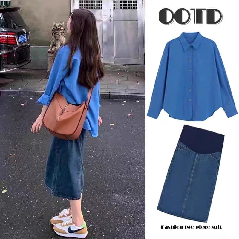 대 물품 2026 새로운 프랑스식 고급 센스 품격 연령 감소 임산부 셔츠 데님 치마 세트 이미지 2