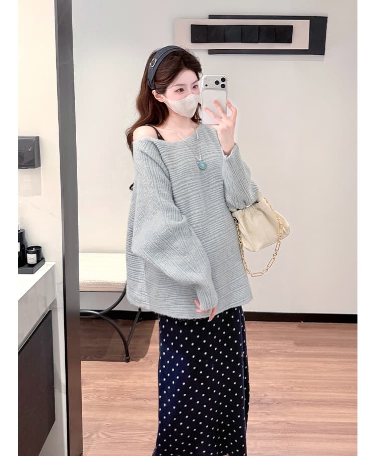 실사 지금 가을 겨울 새로운 한국 스타일 패션 니트 도트 무늬 슬립 드레스 맨위 임산부 투피스 세트 세트 상세 이미지 30